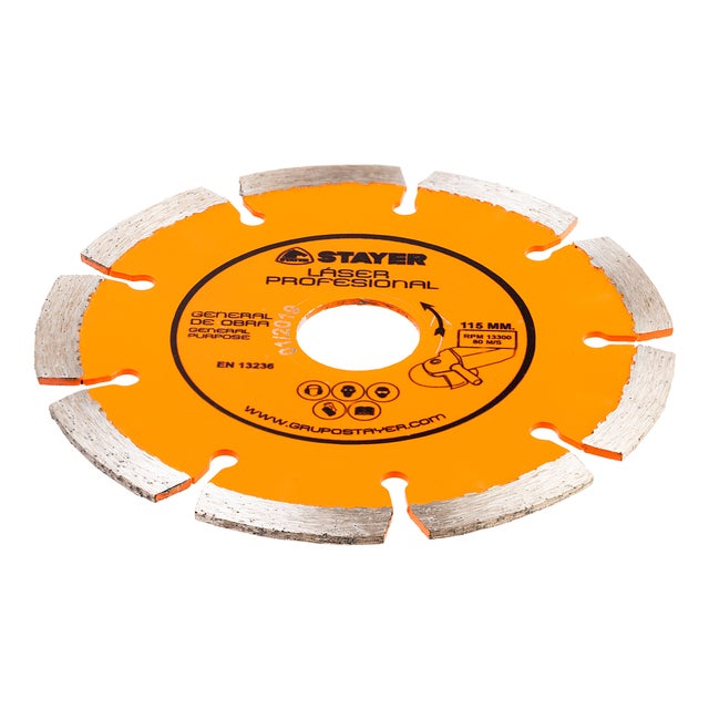 DISCO DE DIAMANTE AMOLADORA CORTE GENERAL DE OBRA SEGMENTADO LÁSER 115MM STAYER