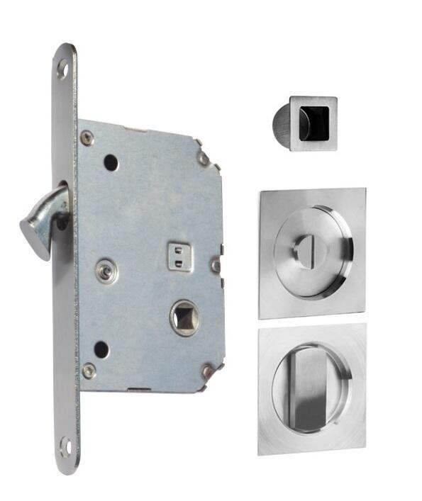 CONJUNTO CERRADURA  PUERTA CORREDERA ROSETA CUADRADA CON MULETILLA NIQUEL