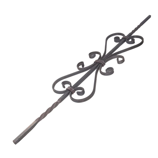 BARRA DE HIERRO FORJADO MARTILLADO DECORATIVO DOS RIZOS Y DIBUJO CENTRAL  900X174X12MM - 1
