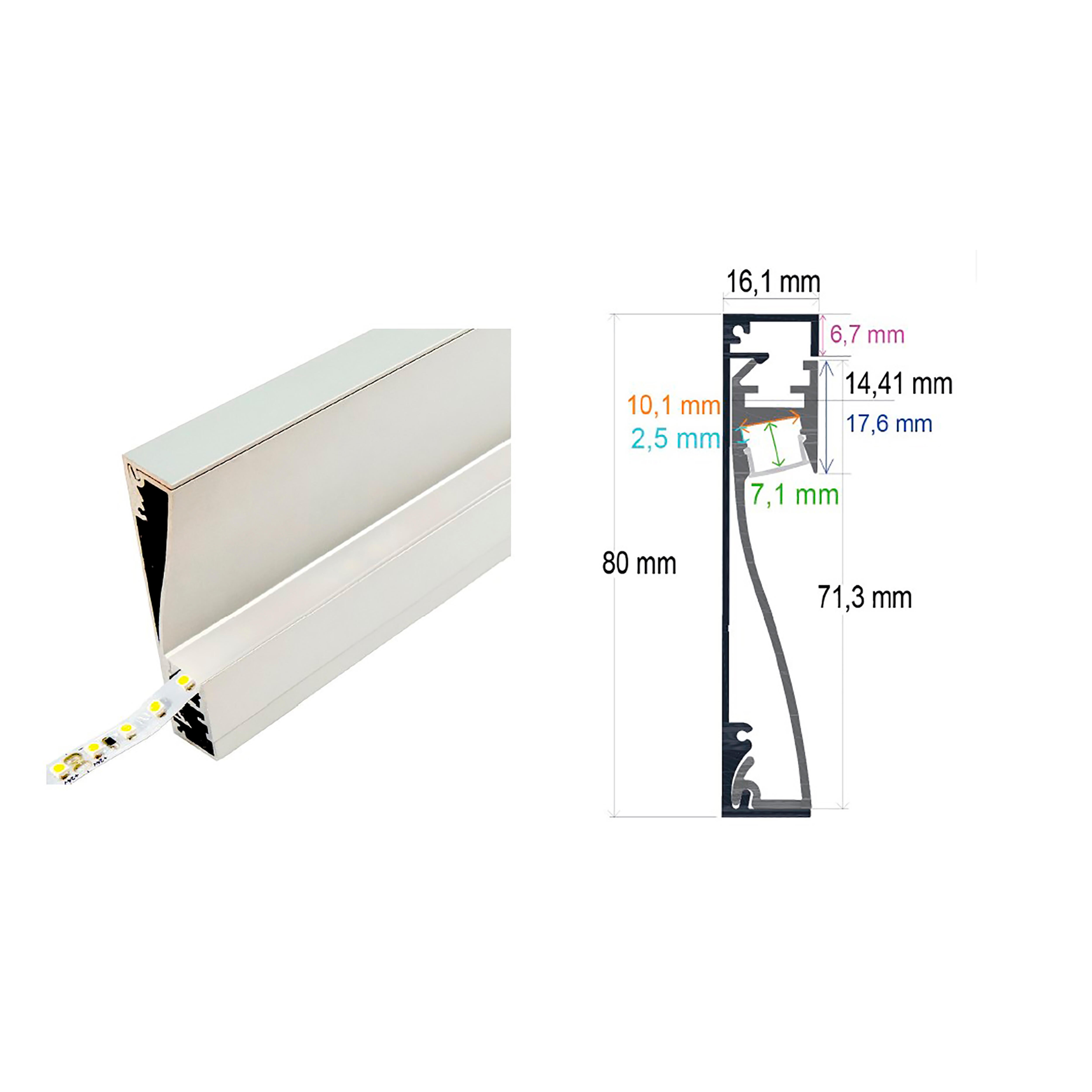 PERFIL TIRA LED DE RODAPIE ALUMINIO 16X80MM 2M - 2