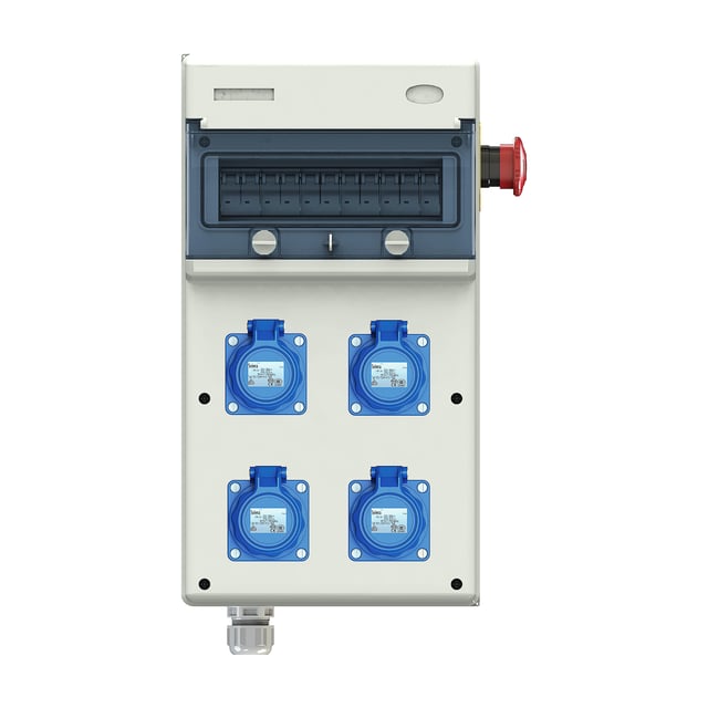 CUADRO ELÉCTRICO PROVISIONAL PARA OBRA DE 11 ELEMENTOS + 4 TOMAS CON PULSADOR DE EMERGENCIA IP67 SOLERA