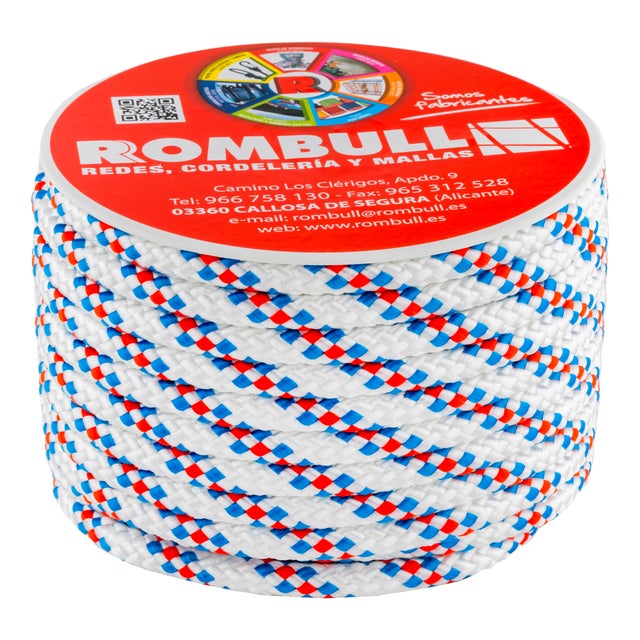 CUERDA POLIÉSTER TRENZADA 10MM 23M BLANCO PINTAS AZUL NARANJA ROMBULL