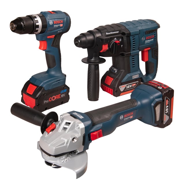 PACK TALADRO PERCUTOR GSB 18V-45 + MARTILLO SDS PLUS GBH 18V-22 + AMOLADORA GWS 18V-10 BOSCH