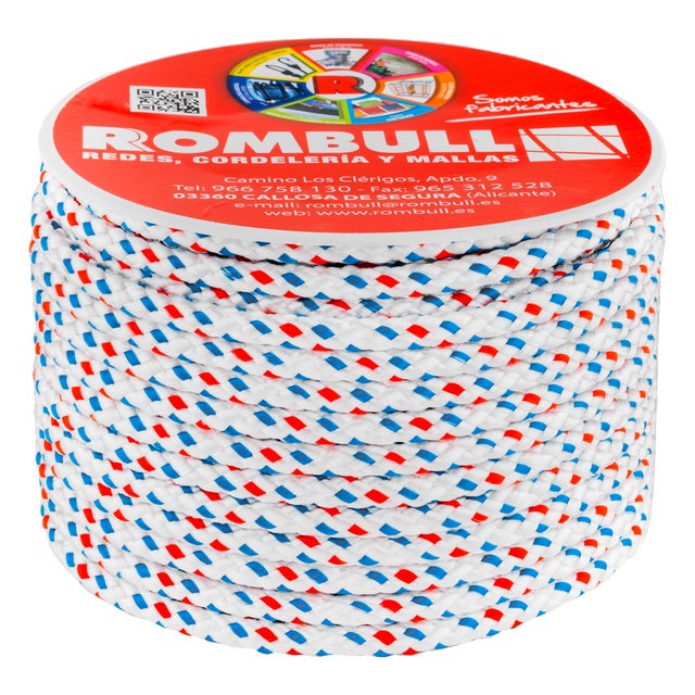CUERDA POLIÉSTER TRENZADA 8MM 35M BLANCO PINTAS AZUL NARANJA ROMBULL