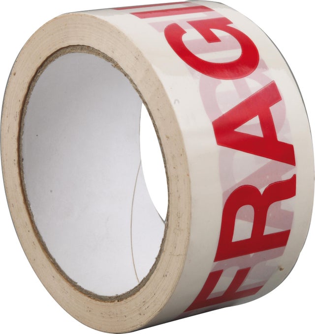 ROLLO DE PRECINTO ADHESIVO MUY FRAGIL BLANCO Y ROJO 66 M X 50 MM DE ANCHO