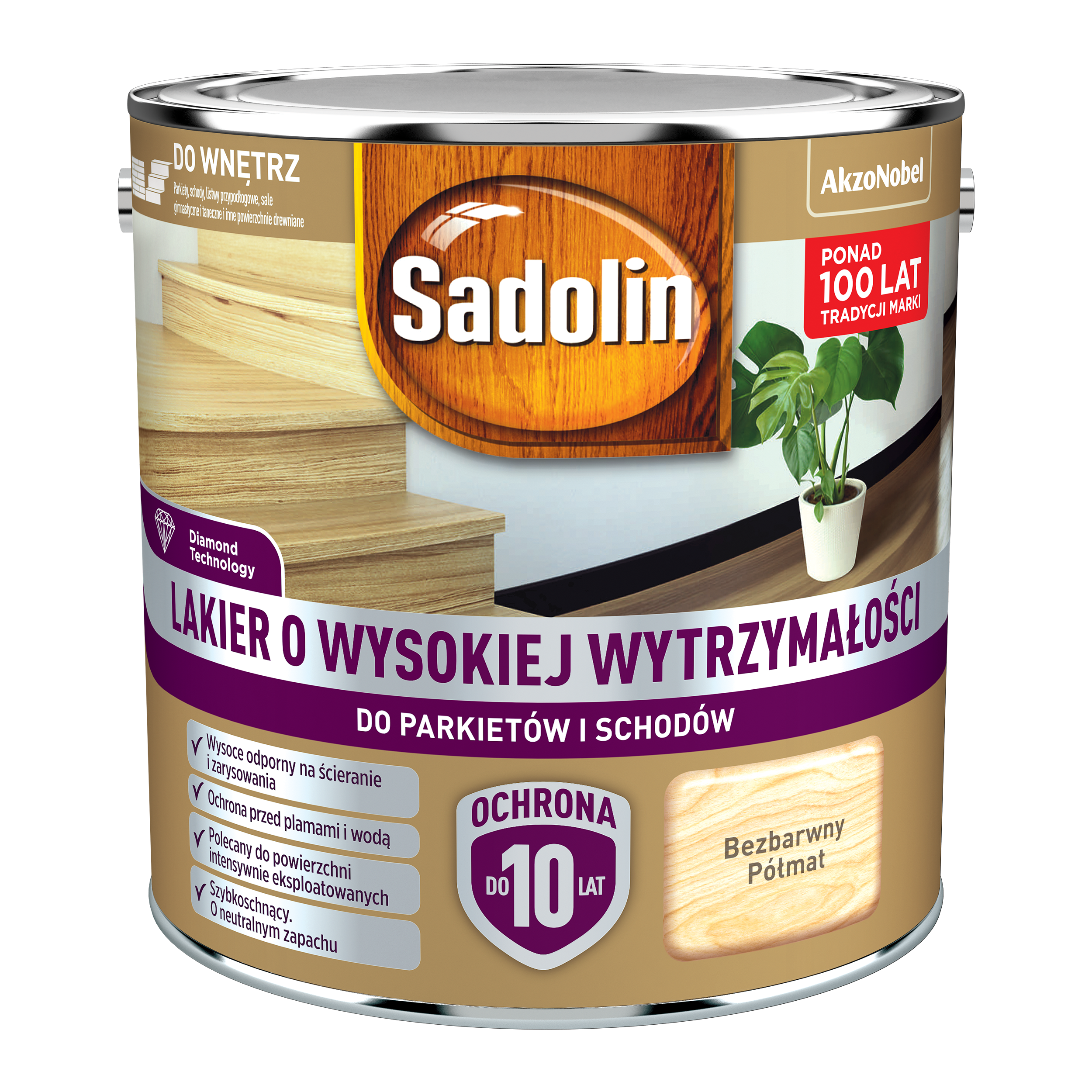 Lakier do parkietu i schodów wysoka wytrzymałość bezbarwny półmat 2.5 l Sadolin