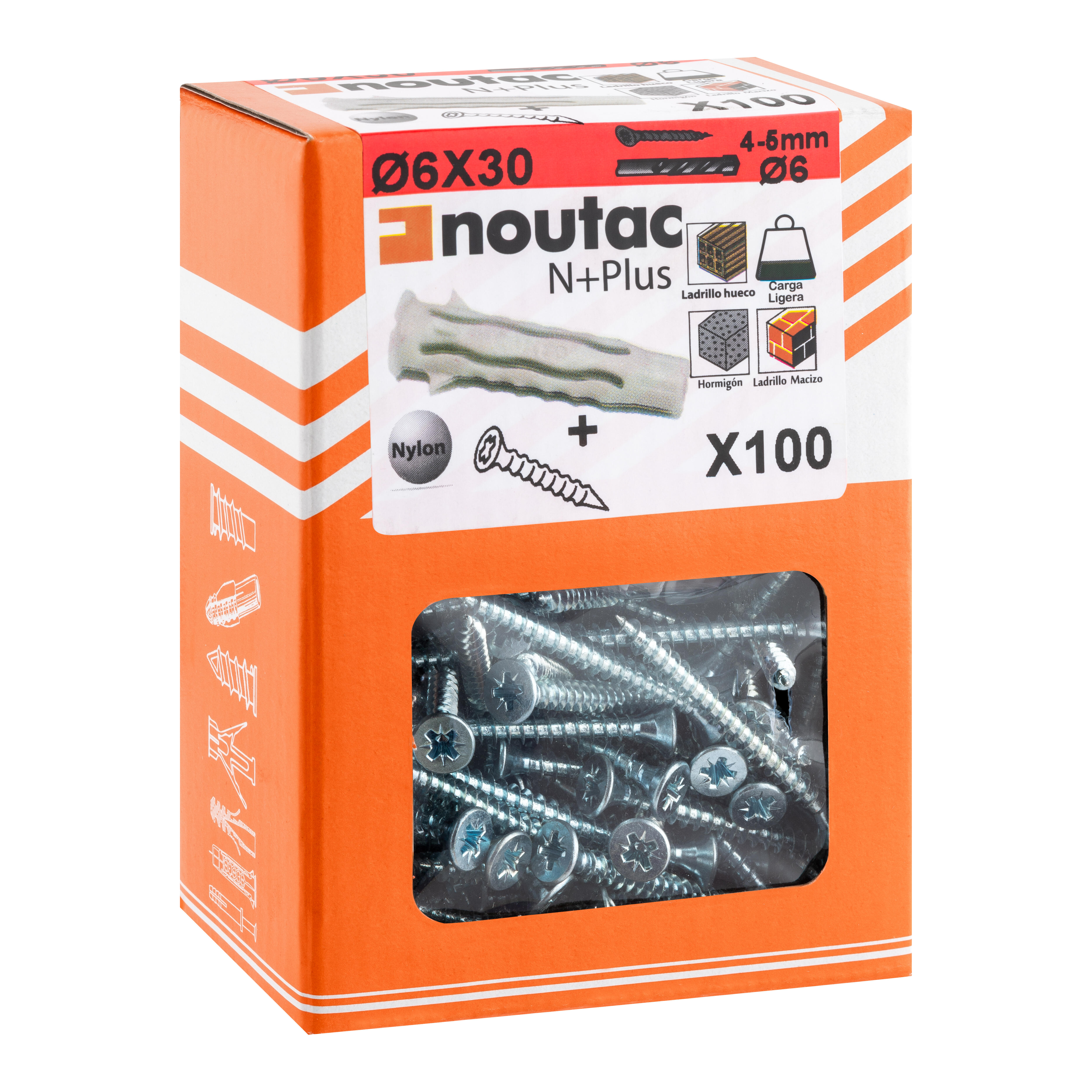 TACO UNIVERSAL DE NYLON DIÁMETRO 6MM LONGITUD 30MM CON TIRAFONDO  NOUTAC 100UDS - 4