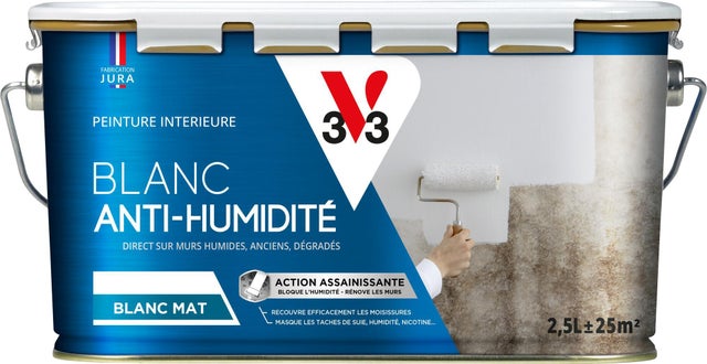 Peinture mur et plafond blanc mat V33 assainissante anti-humidité 2.5l