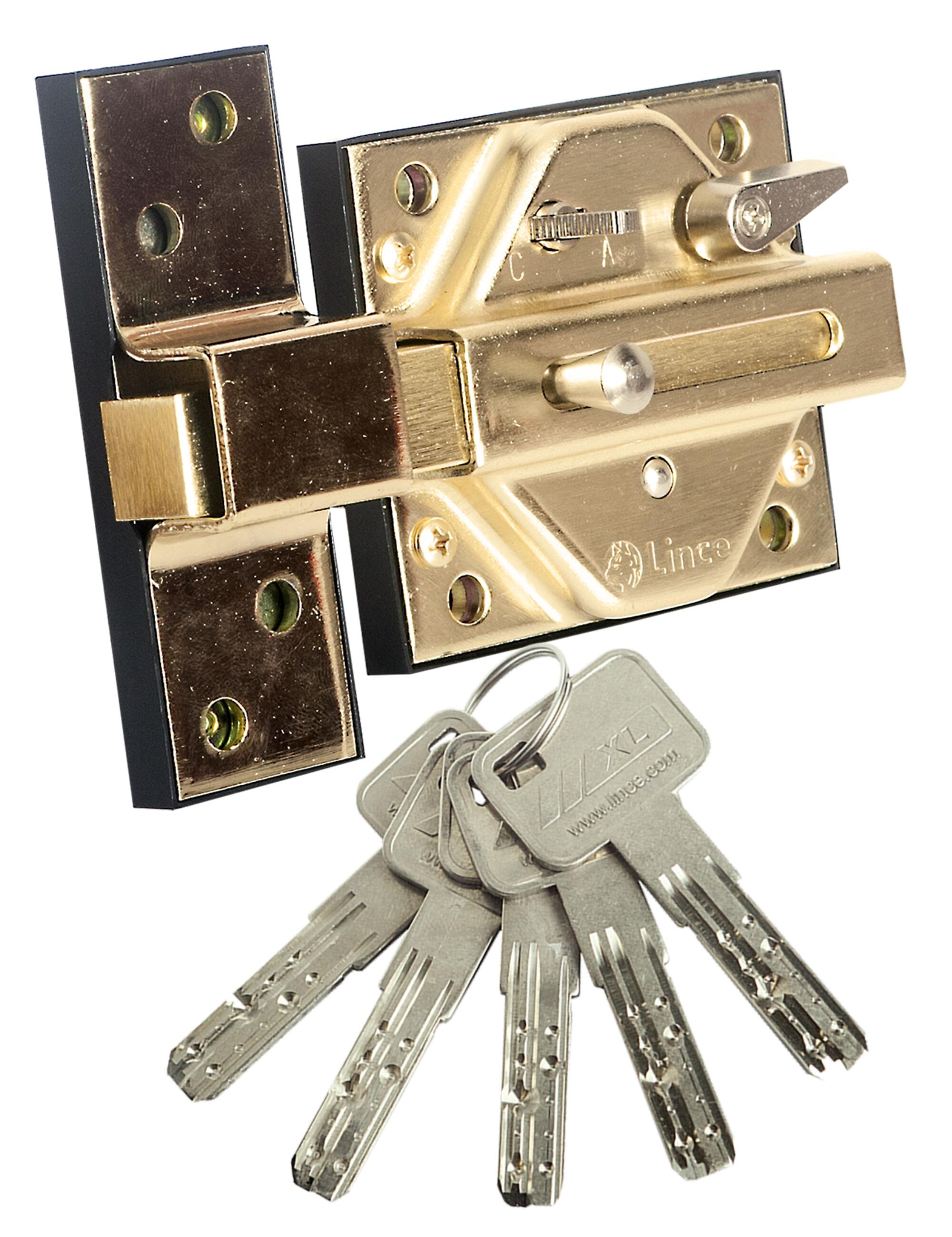CERROJO PUERTA DE SEGURIDAD ANTIBUMPING INTERIOR Y EXTERIOR LATONADO 5 LLAVES LINCE - 4