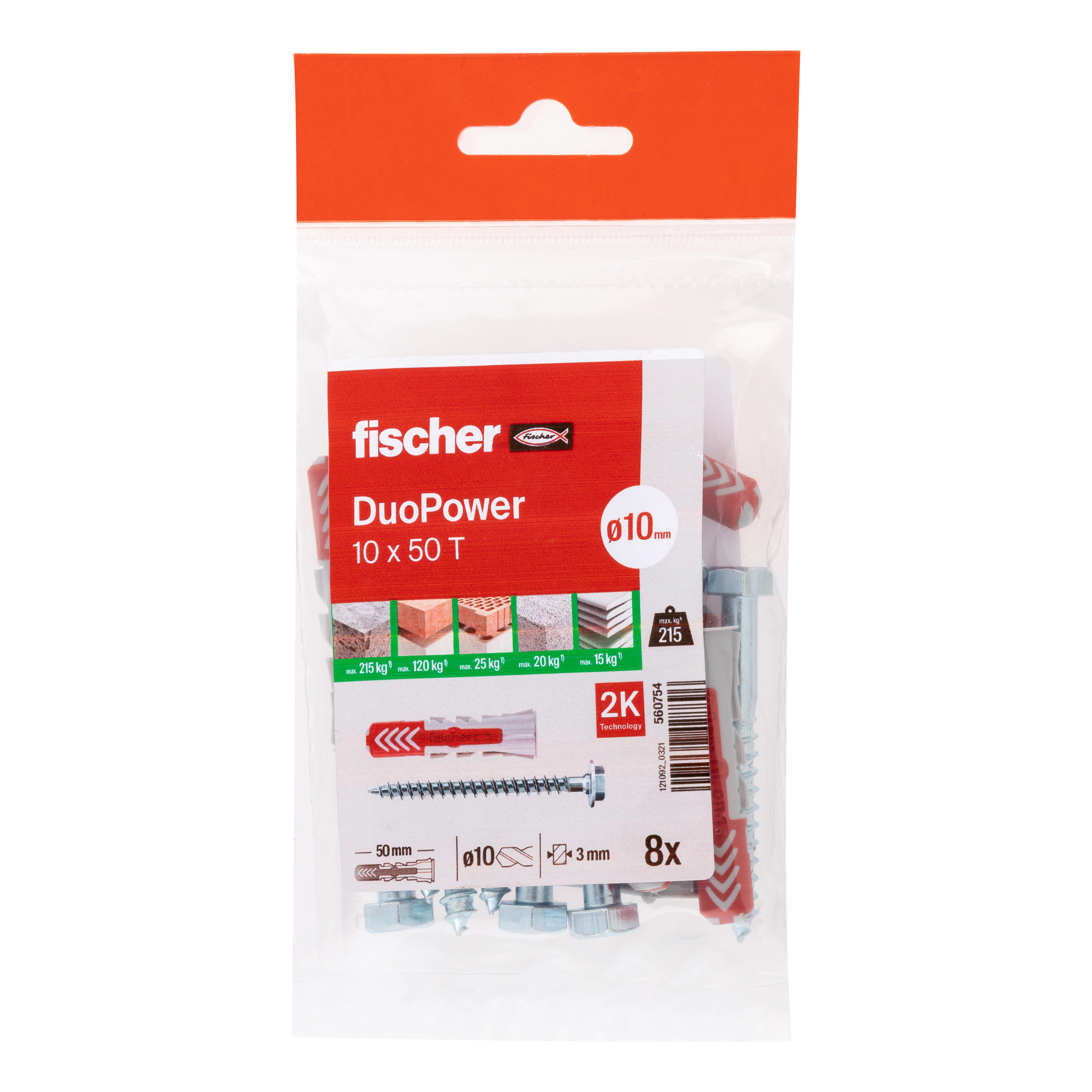 TACO UNIVERSAL DE NYLON DIÁMETRO 10MM LONGITUD 50MM FISCHER DUOPOWER 8UDS - 5