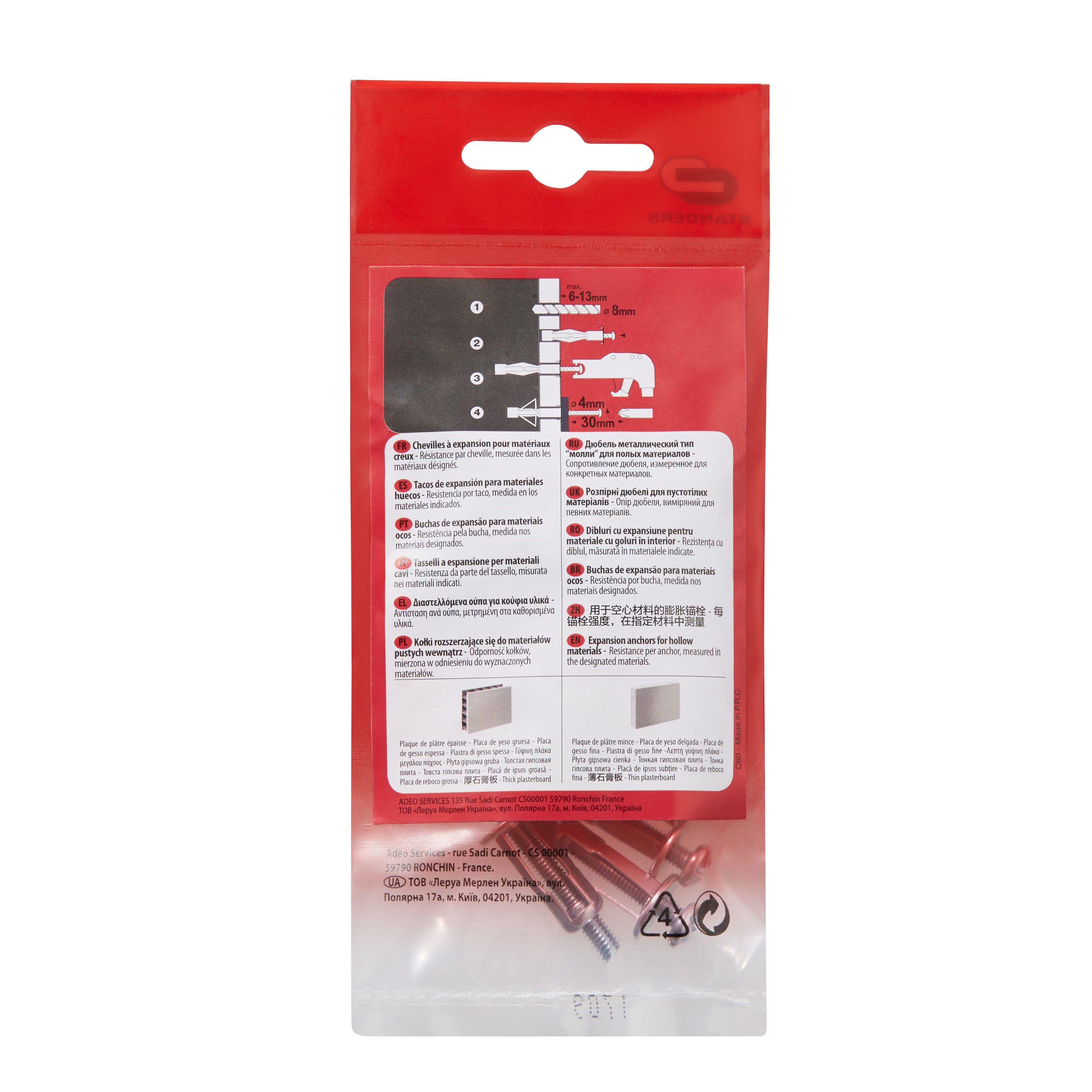 10 chevilles à expansion avec vis acier STANDERS, Diam. 8 x L.22mm - 2
