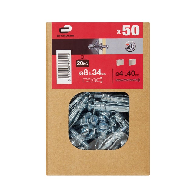 Lot de 50 Kit chevilles à expansion et vis acier STANDERS, Diam. 8 L.34 mm