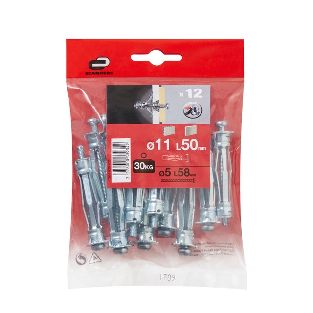 Lot de 12 chevilles multi-matériaux avec vis acier STANDERS Diam. 11  L.De 50 à 
