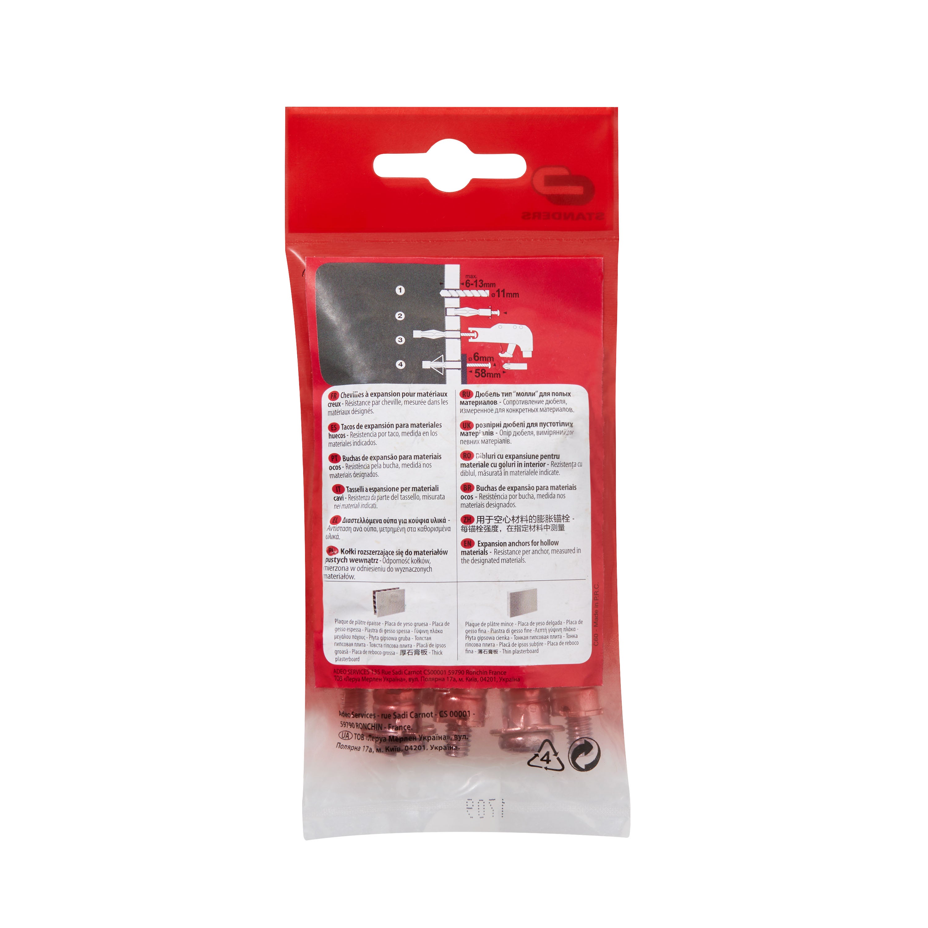 6 chevilles pour plaques de plâtre et vis STANDERS, Diam.11 x L.50mm - 2