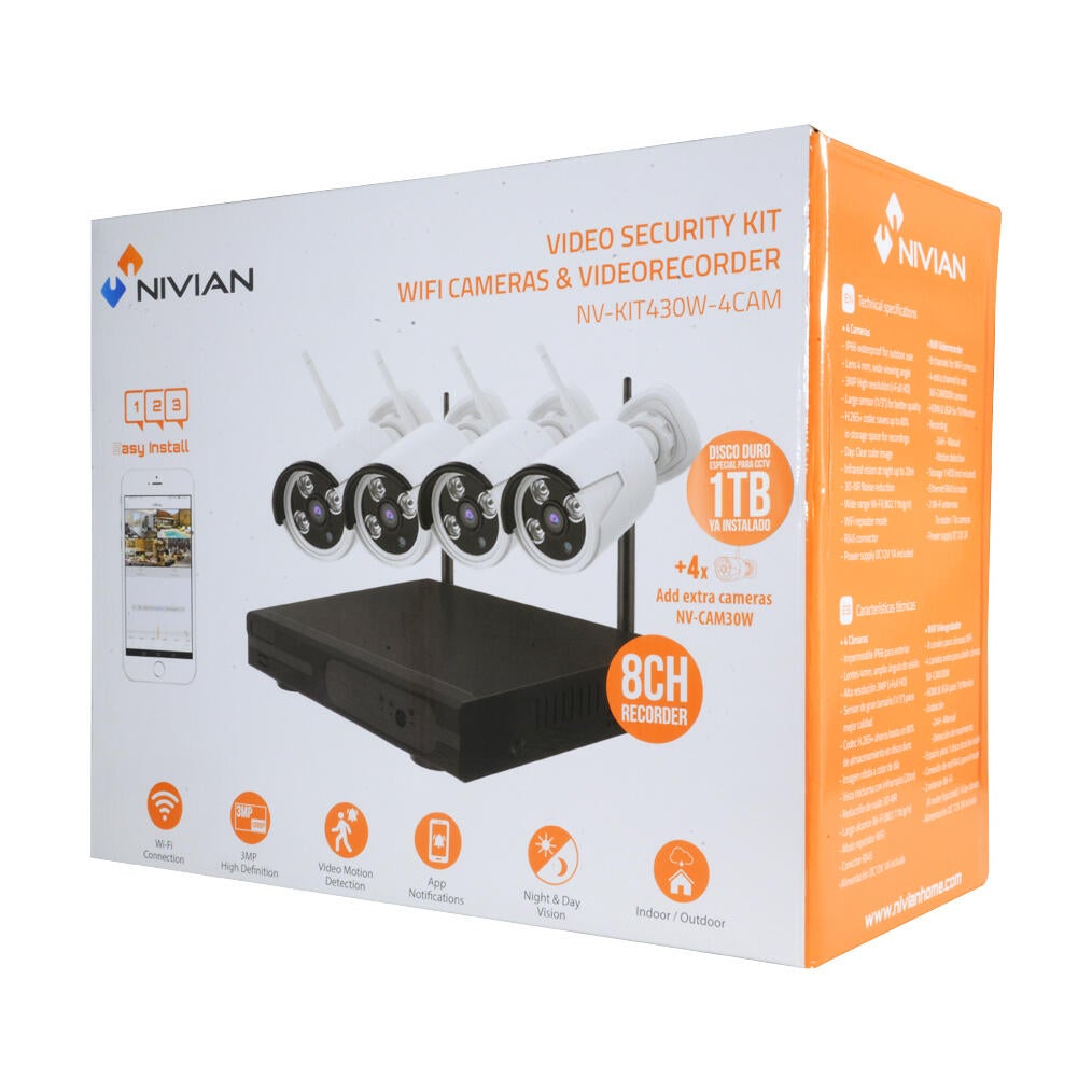 KIT GRABADOR CCTV WIFI 4 CANALES + 4 CAMARAS EXTERIOR + 1TB - 4