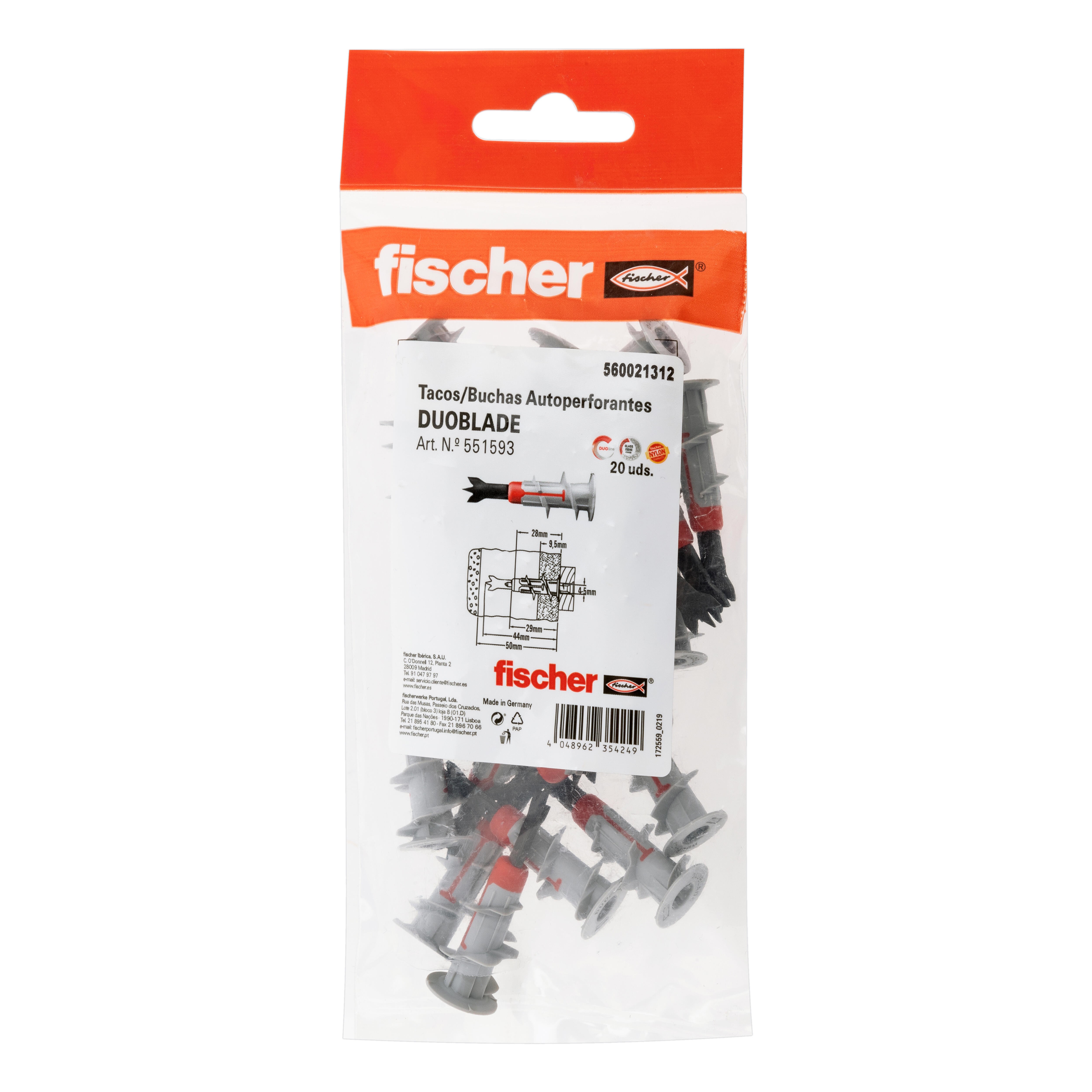 TACO AUTOPERFORANTE DUOBLADE PARA PLACA 5X44MM FISCHER 20 UDS - 3