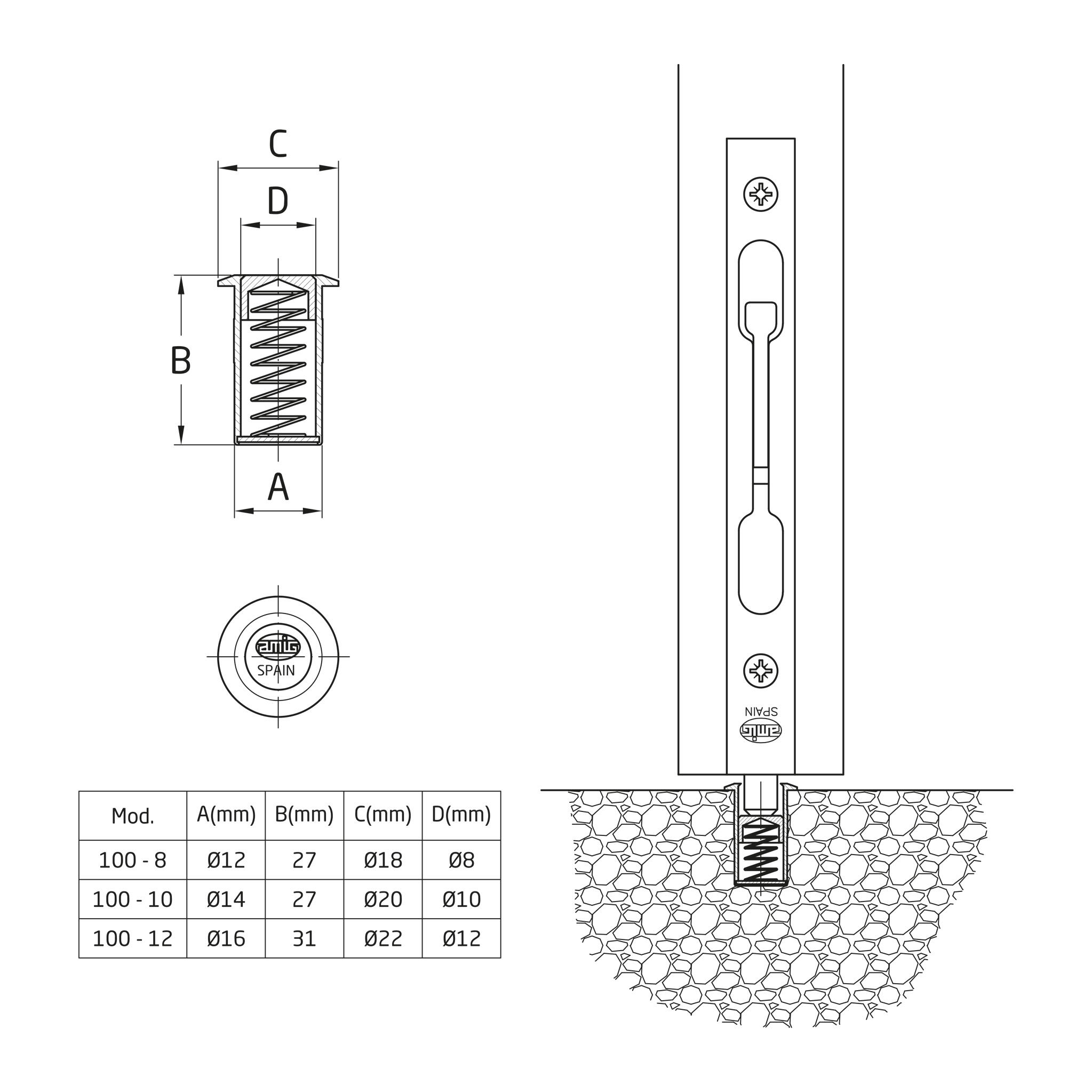 SOPORTE EMBUTIR 100-8 LATON PARA PASADOR - 2