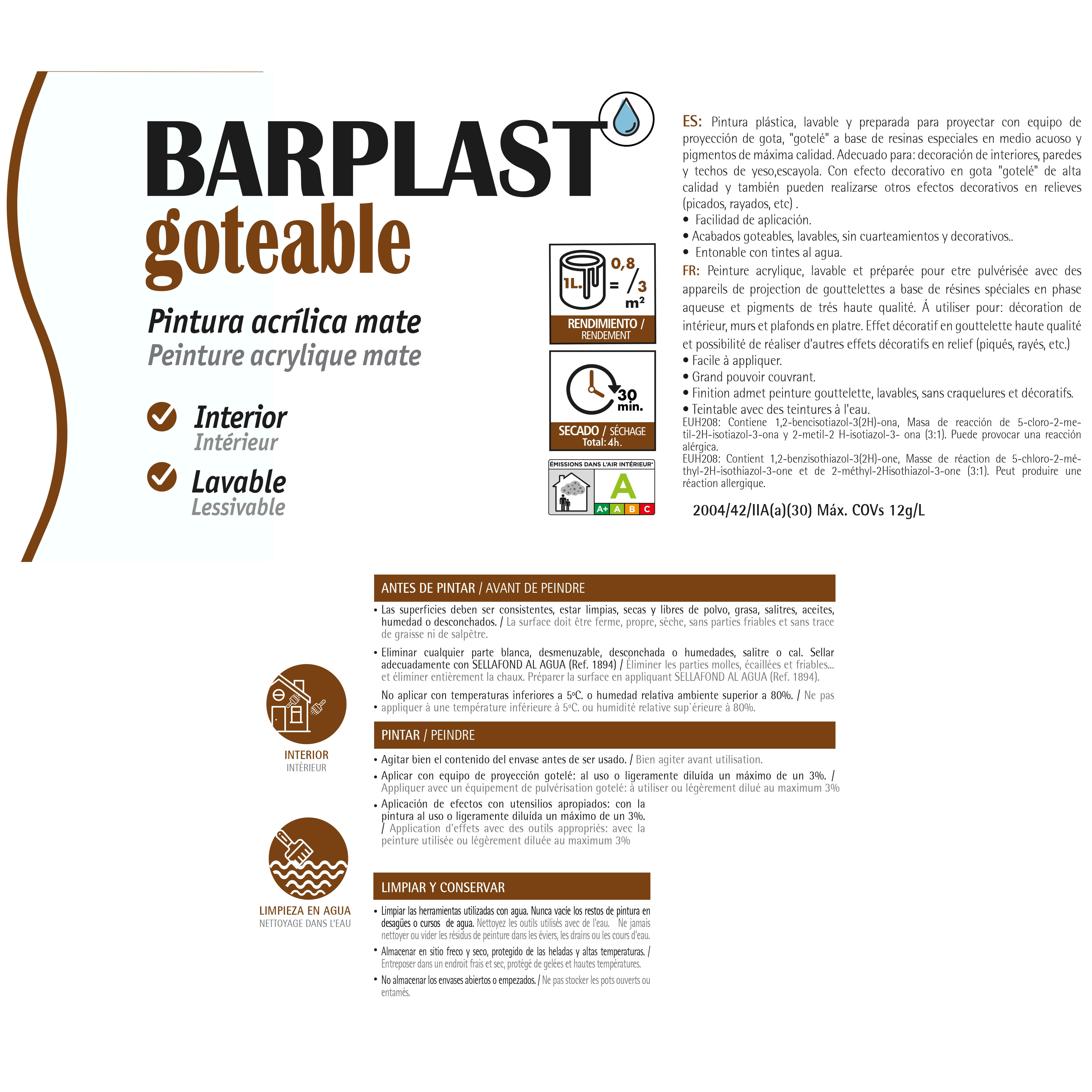 PINTURA PLASTICA BLANCA MATE 4L BARPLAST GOTEABLE - 2