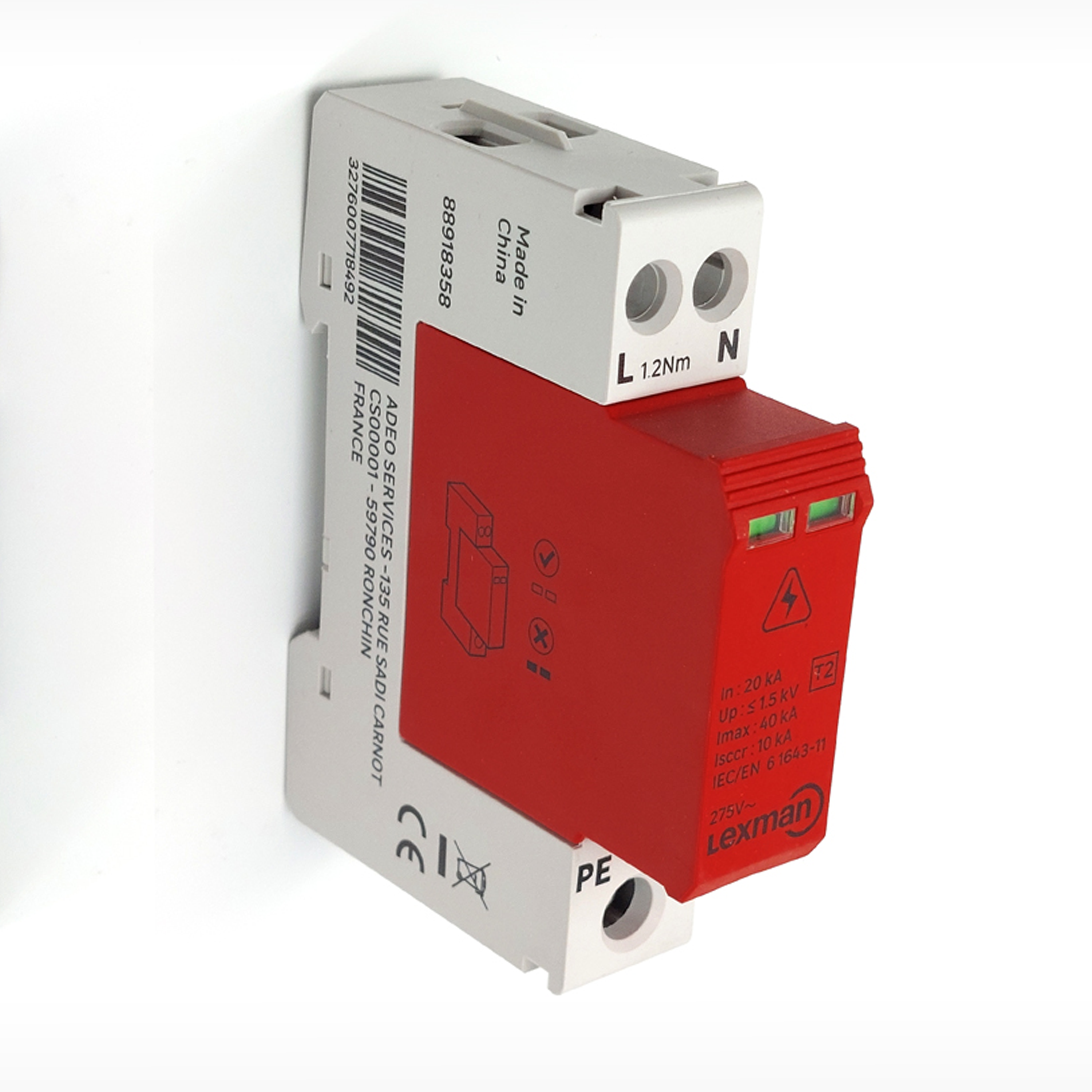 Dispositivo de proteção sobretensão 2 polos Uso único capacidade de interrupção 10 000A LEXMAN - 2
