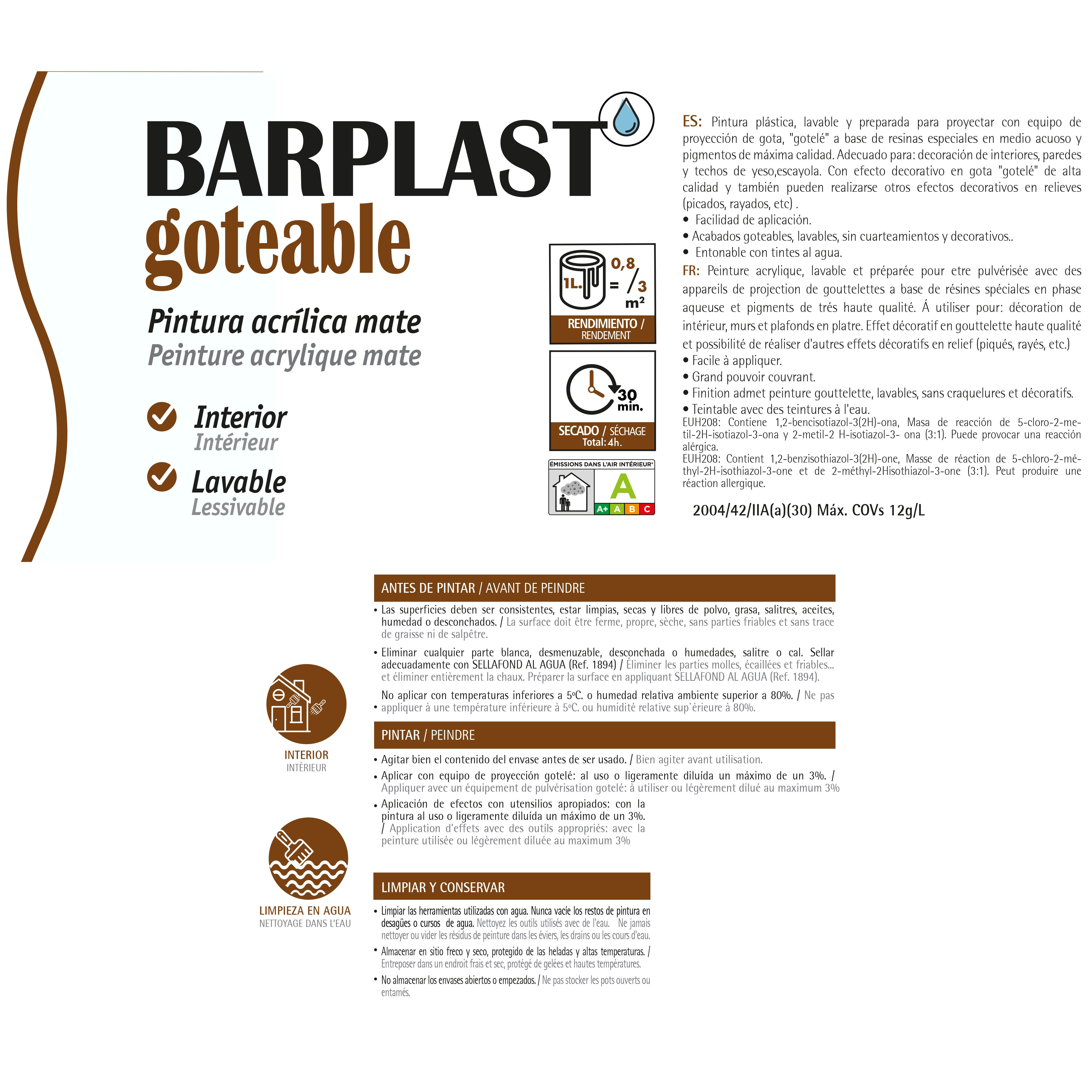 PINTURA PLASTICA BLANCA MATE 15L BARPLAST GOTEABLE - 2