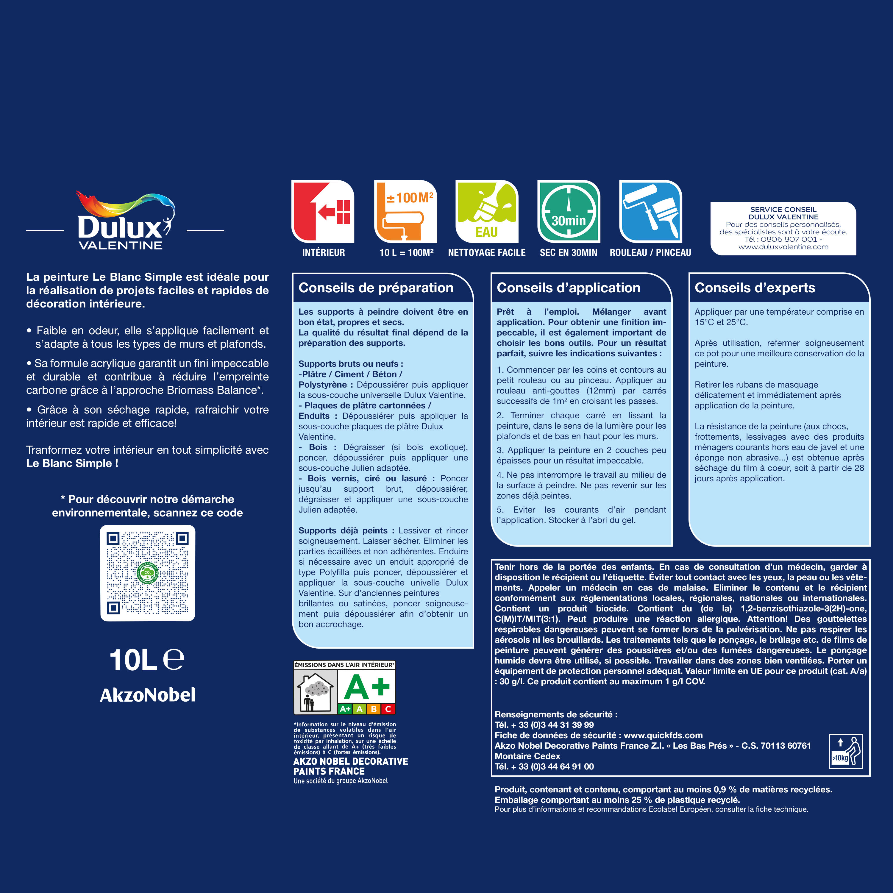 Peinture mur, plafond blanc satin DULUX VALENTINE Simple 10L - 7