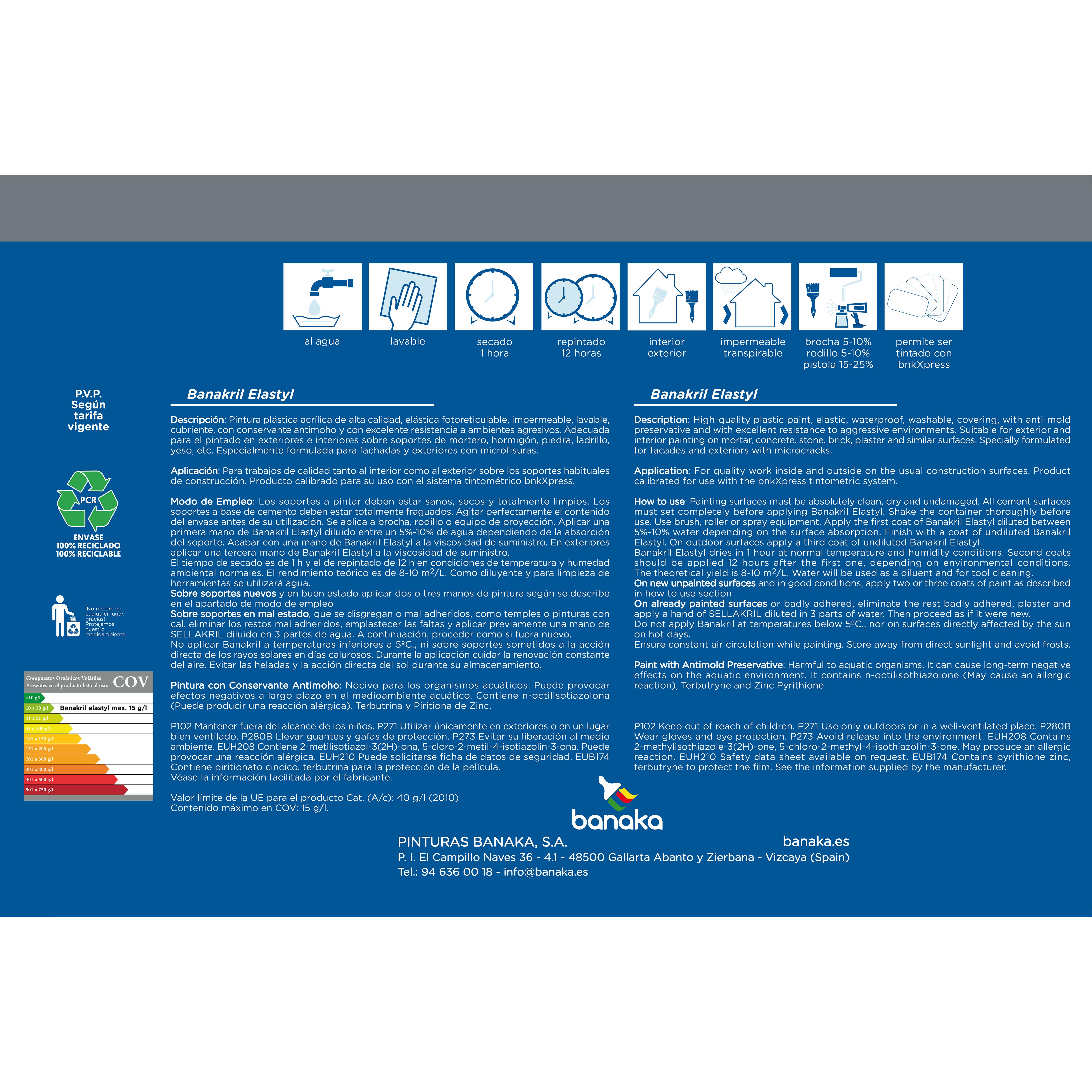 REVESTIMIENTO FACHADAS BANAKRIL ELASTYL 15L BLANCO - 2