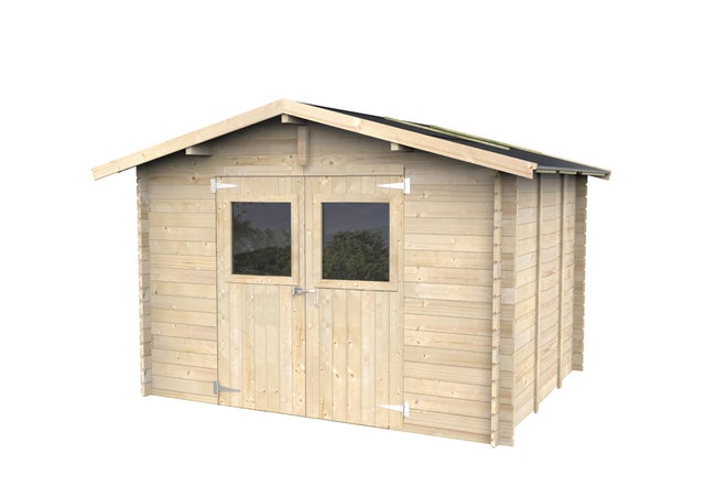 Casetta da giardino in legno abete 3 x 3 m, superficie esterna 8.76 m² e spessore parete 25 mm, senza pavimento porta a due ante, Jacky