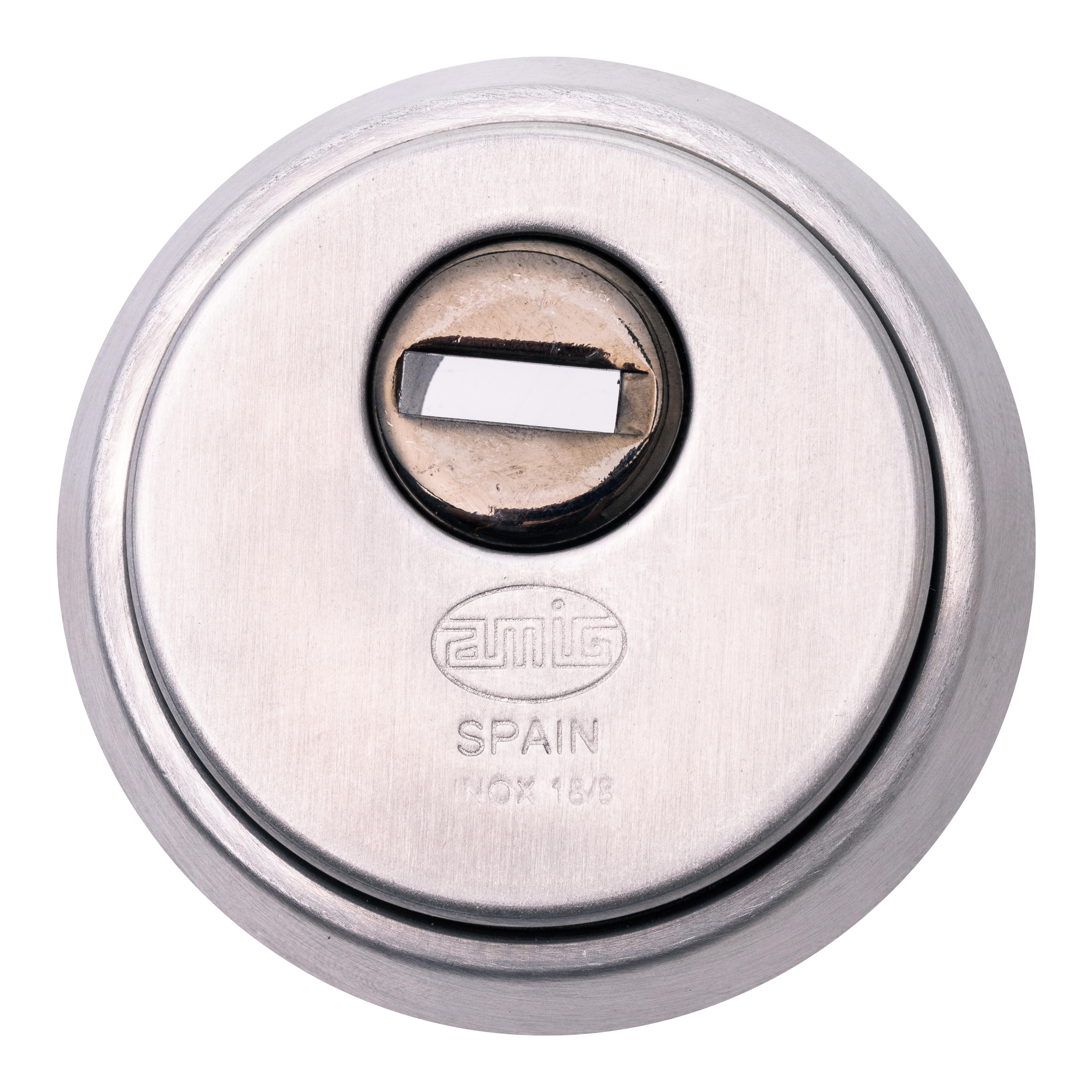 ESCUDO DE SEGURIDAD REDONDO PARA CERRADURA ACABADO EN ACERO INOXIDABLE AMIG 01 - 2