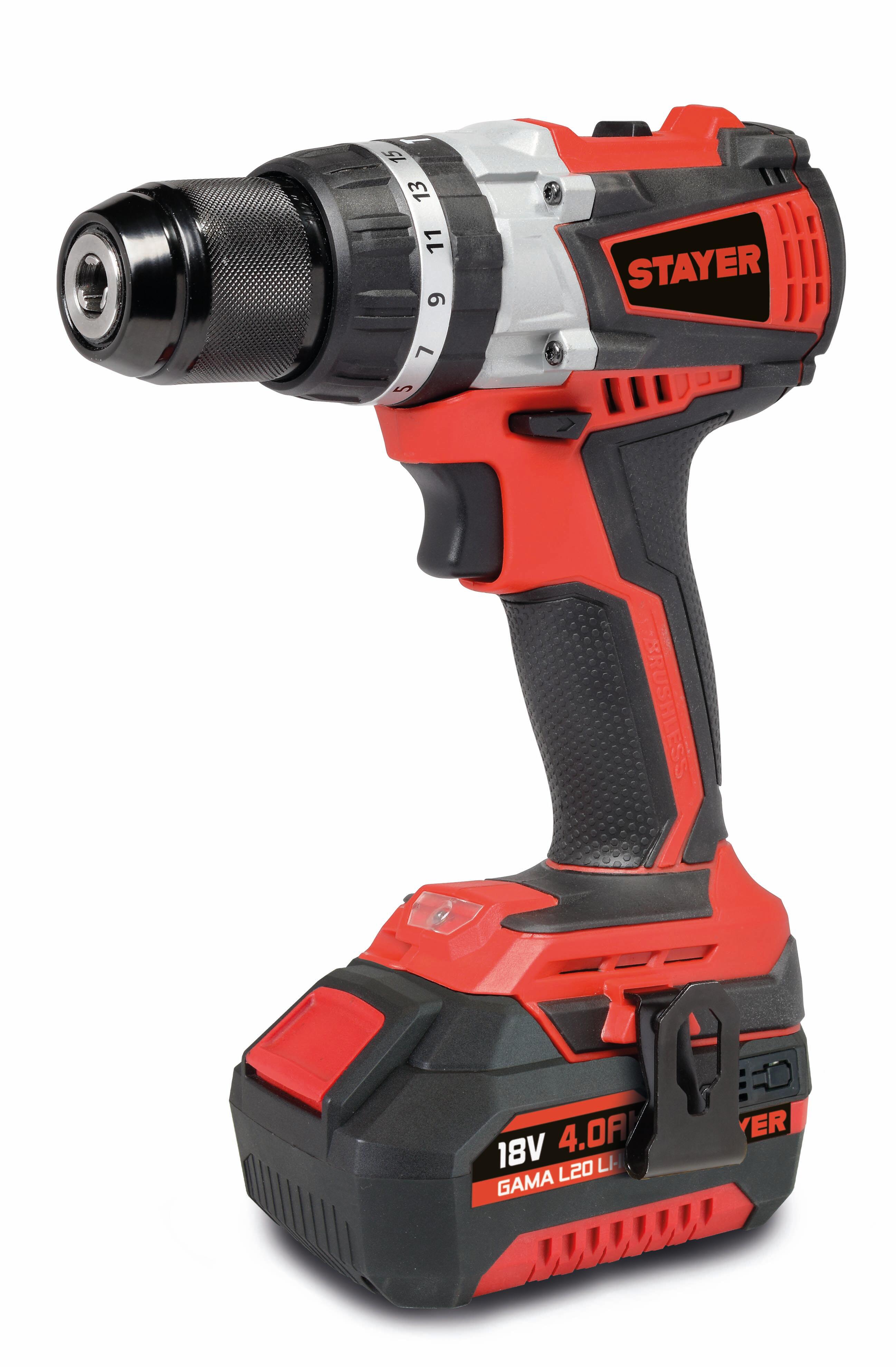 TALADRO PERCUTOR BATERÍA 18V BRUSHLESS 4AH + AMOLADORA BATERÍA 18V 115MM + FOCO 3.7V STAYER - 2