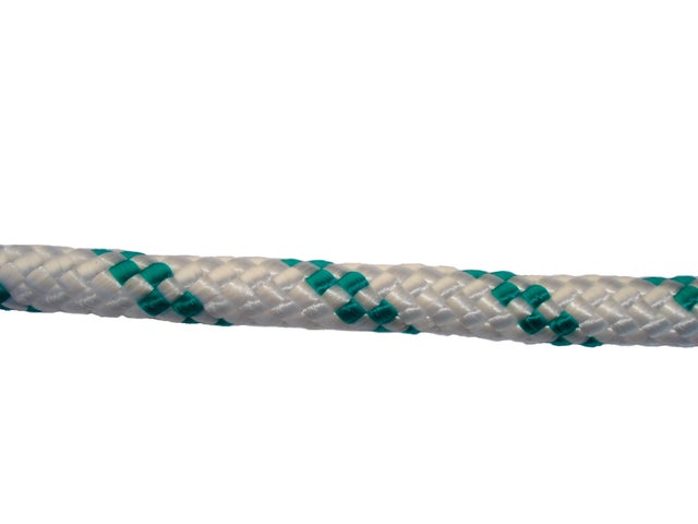 CUERDA POLIPROPILENO TRENZADA CON ALMA 8MM. 1M BLANCA CON PINTAS VERDES ROMBULL