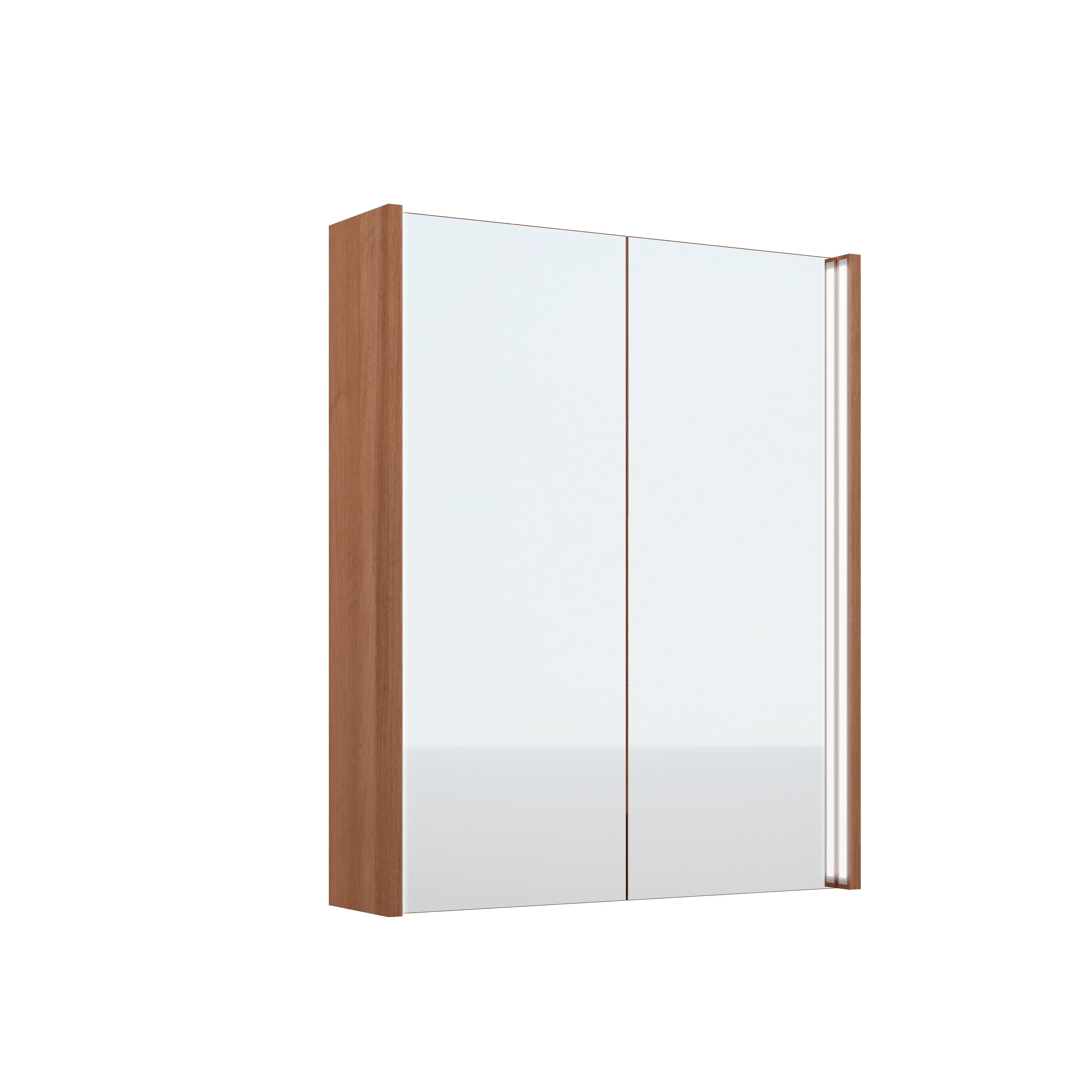 Armario de baño con luz ari fabricado en melamina imitación nogal oscuro, puertas con cierre amortiguado y espejo en cara exterior. incluye iluminación led encastrada en ambos costados dirigiendo la luz hacia el interior. 60x72x14.5 cm