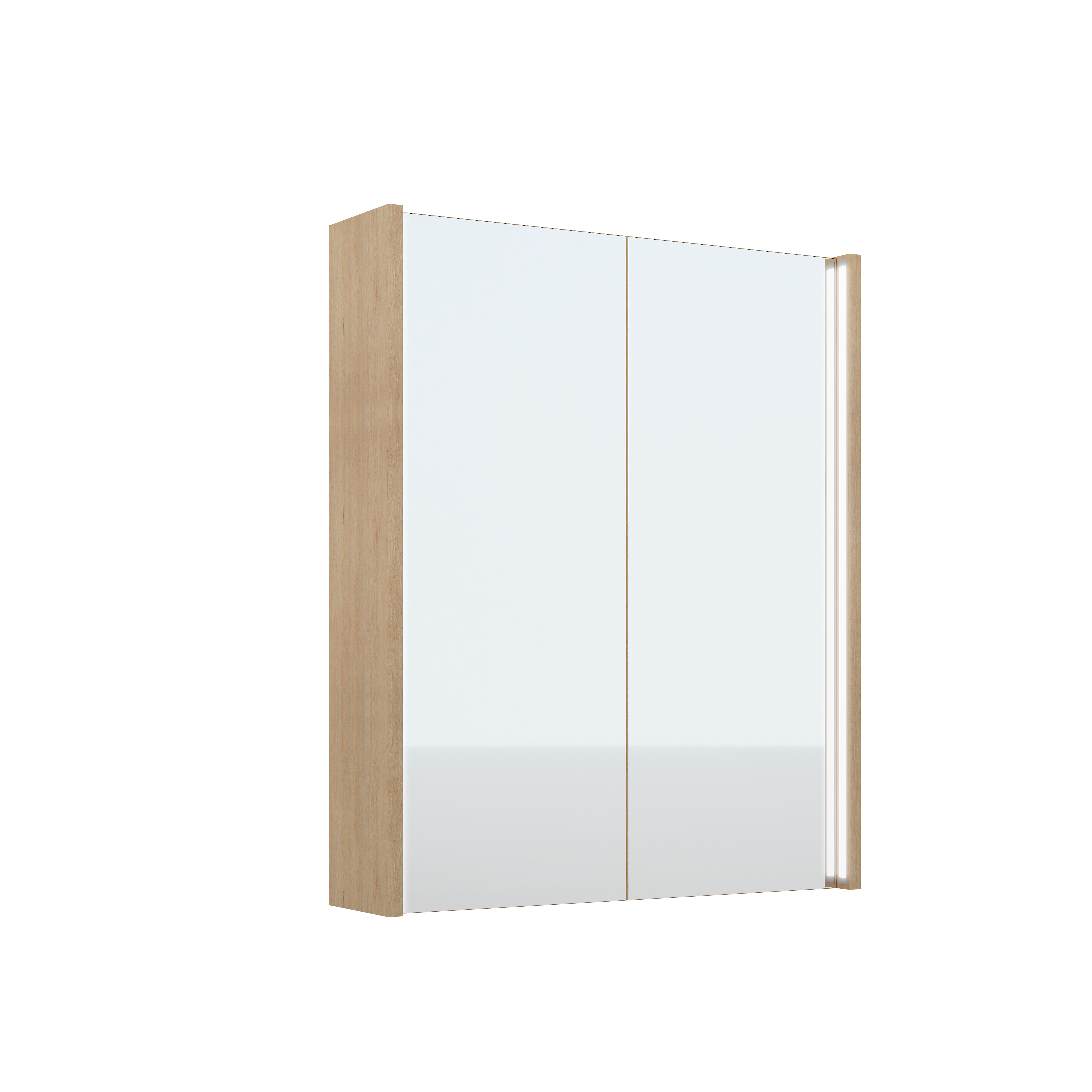 Armario de baño con luz ari fabricado en melamina imitación roble natural, puertas con cierre amortiguado y con espejo en cara exterior. incluye iluminación led encastrada en ambos costados dirigiendo la luz hacia el interior. 60x72x14.5 cm