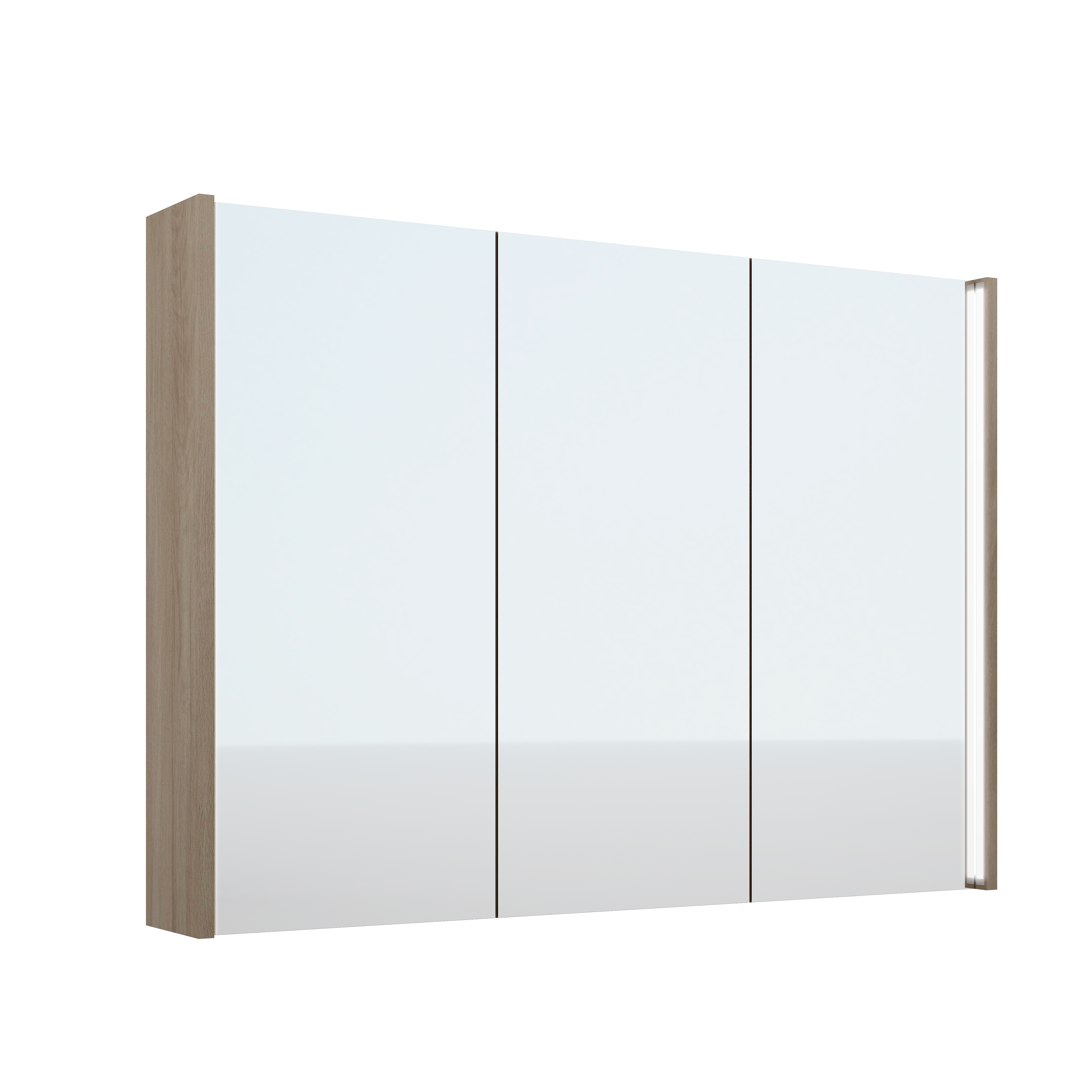 Armario de baño con luz ari fabricado en melamina imitación roble gris, puertas con cierre amortiguado y espejo en cara exterior. incluye iluminación led encastrada en ambos costados dirigiendo la luz hacia el interior. 100x72x14.5 cm