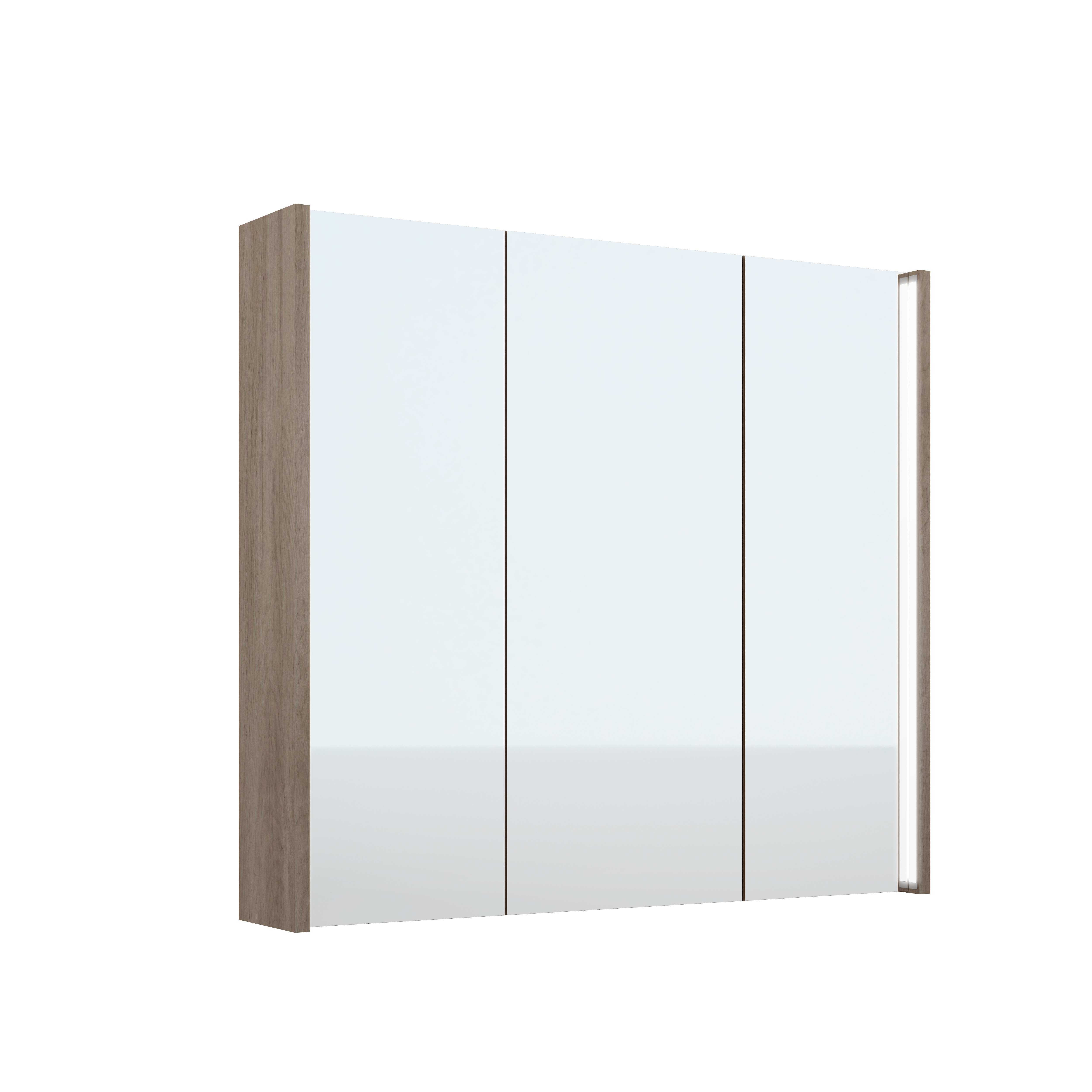 Armario de baño con luz ari fabricado en melamina imitación roble gris, puertas con cierre amortiguado y espejo en cara exterior. incluye iluminación led encastrada en ambos costados dirigiendo la luz hacia el interior. 80x72x14.5 cm