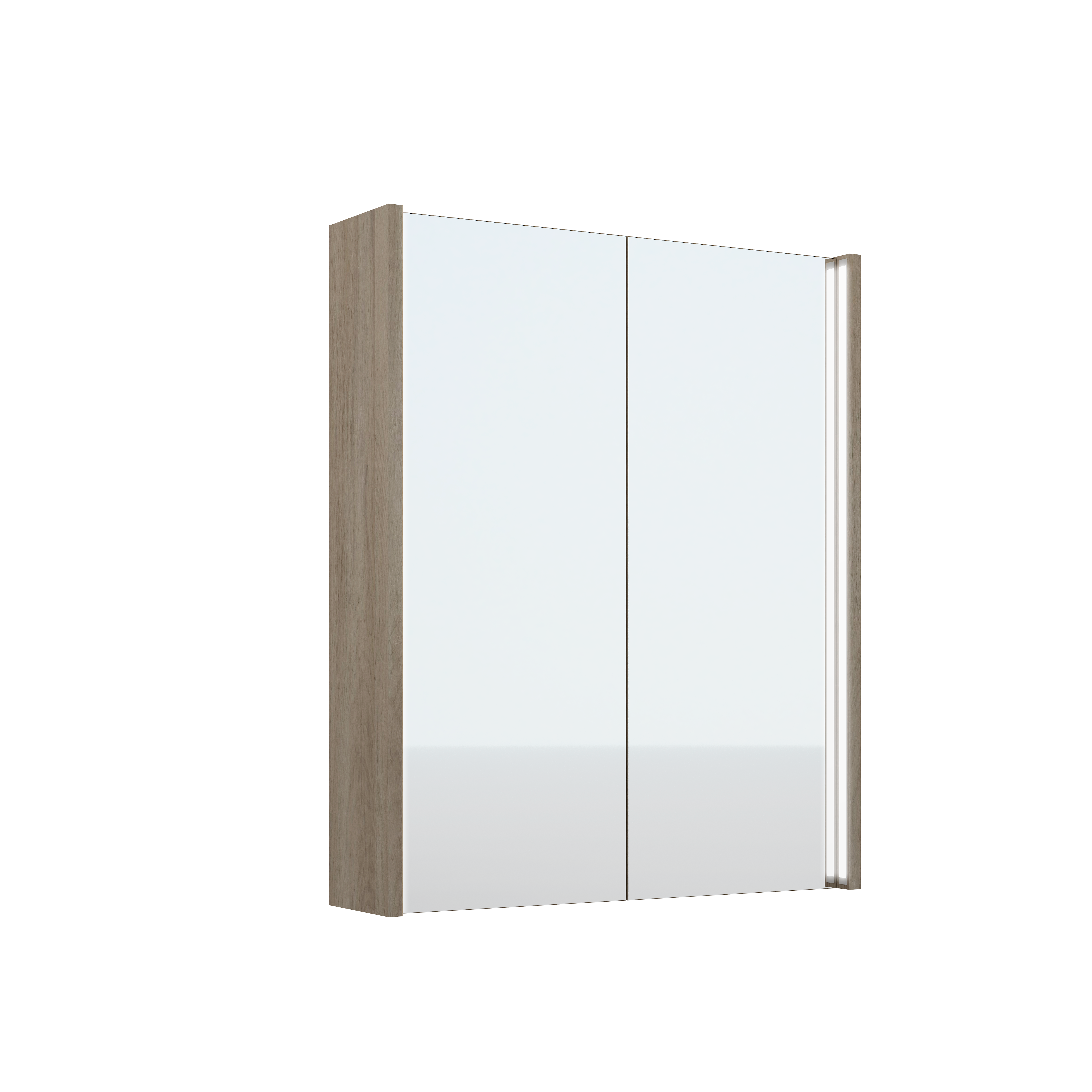 Armario de baño con luz ari fabricado en melamina imitación roble gris, puertas con cierre amortiguado y espejo en cara exterior. incluye iluminación led encastrada en ambos costados dirigiendo la luz hacia el interior. 60x72x14.5 cm