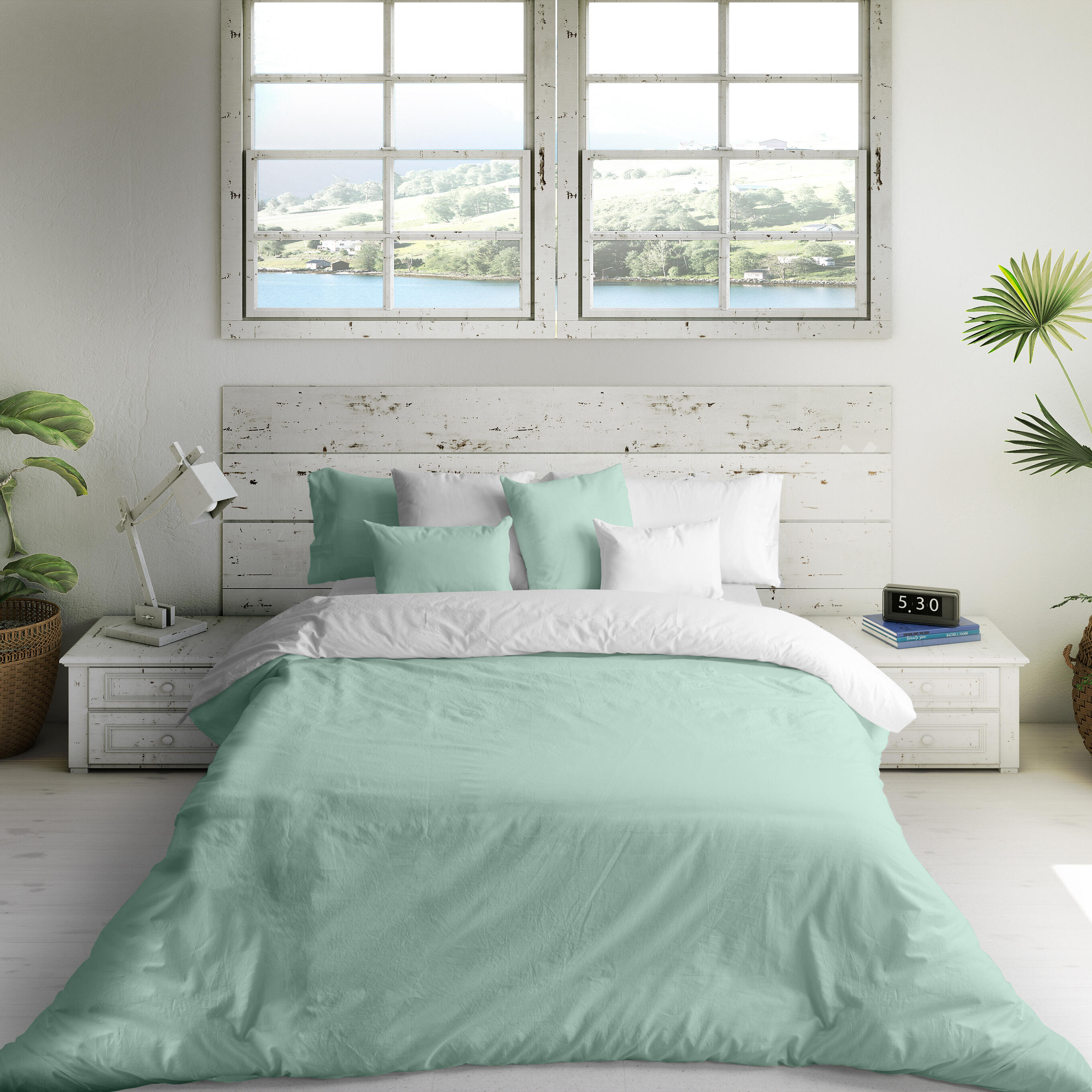 Funda nórdica naturals reversible 144 hilos verde/blanco para cama de 200 cm