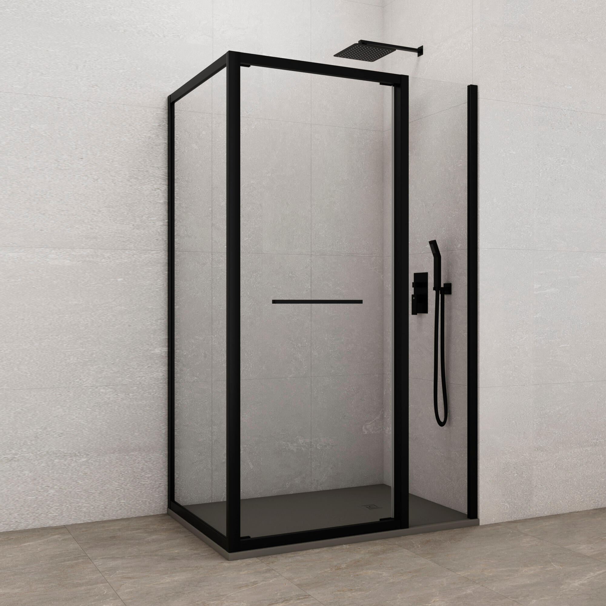 Mampara de ducha frontal con panel fijo lateral corredero transparente espaze perfil negro (90-92.5)+90 x195 cm