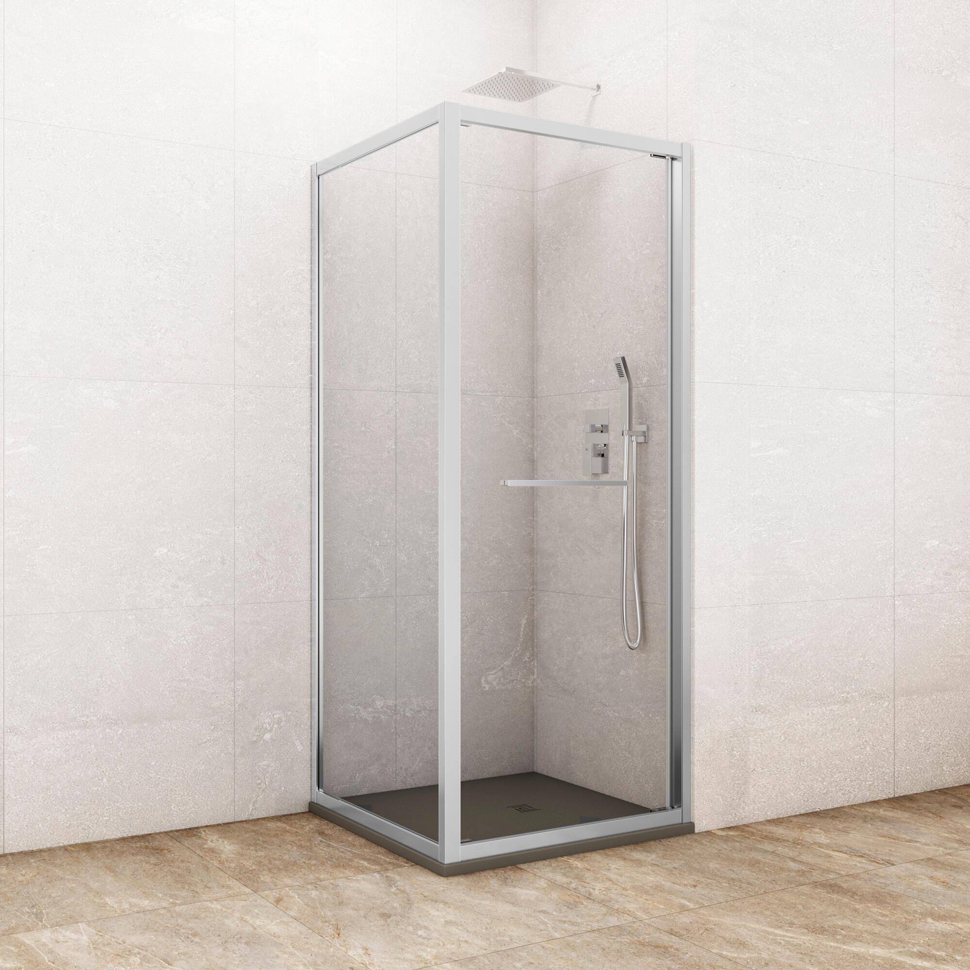 Mampara de ducha frontal con panel fijo lateral corredero transparente espaze perfil cromo (74.5-76)+80 x195 cm