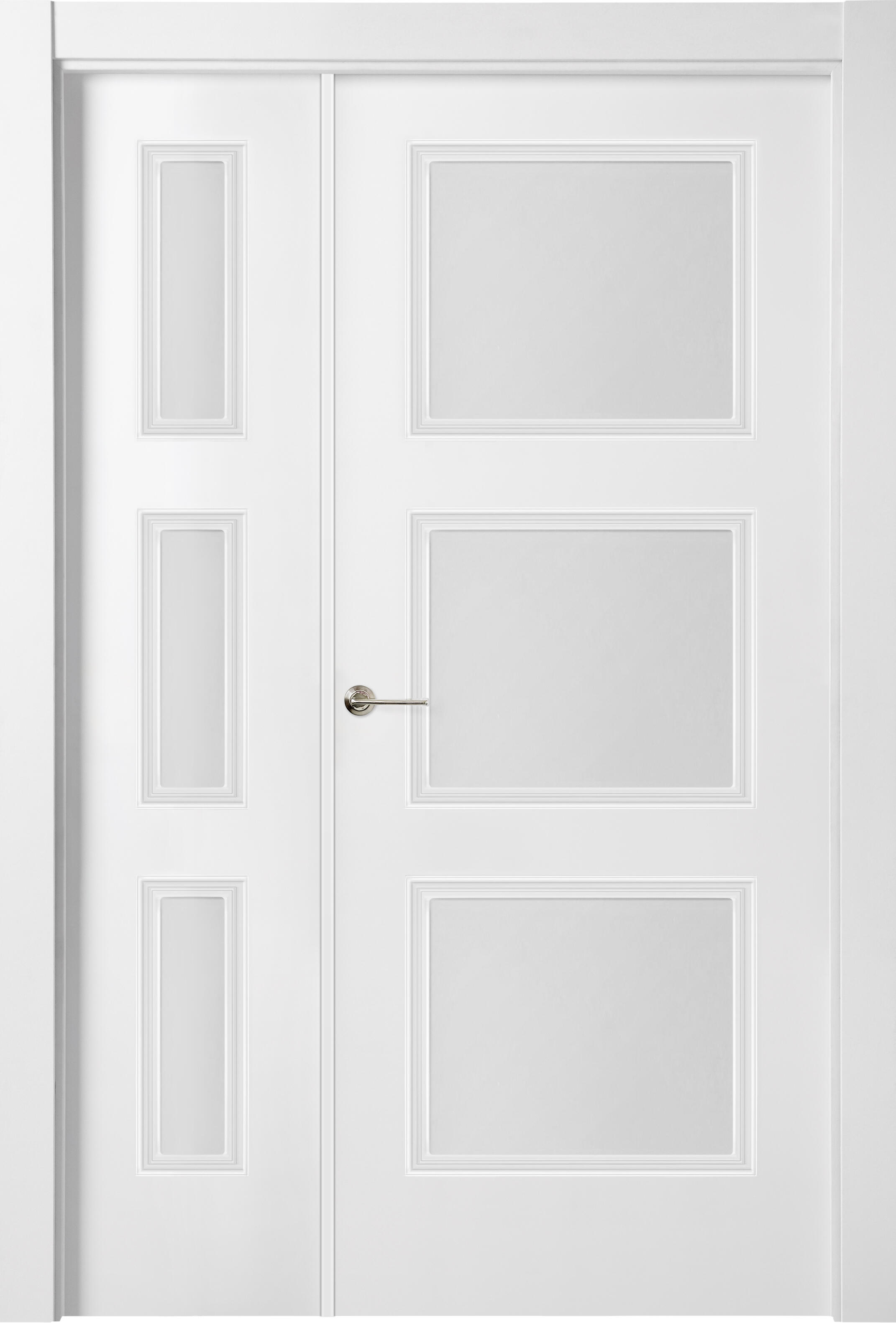 Puerta de interior abatible doble vidriera con fijo con cristal incluido estructura maciza acabado lacado serie line plus mónaco blanco apertura derecha cerco de 70 x 30 anchura 105 cm