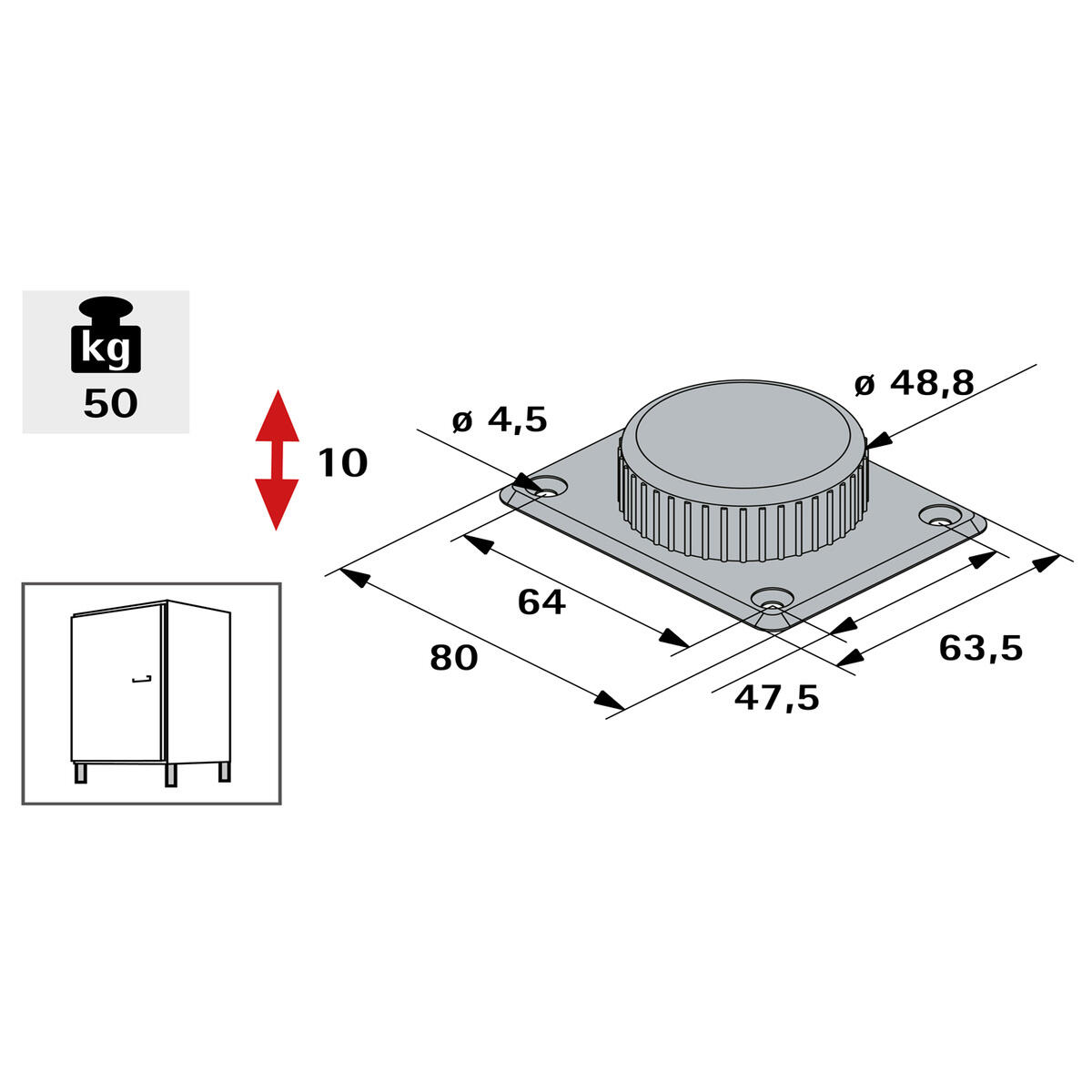 Pé ajustável para armários preto plástico 80x65x25 mm preto Hettich 16844 - 2