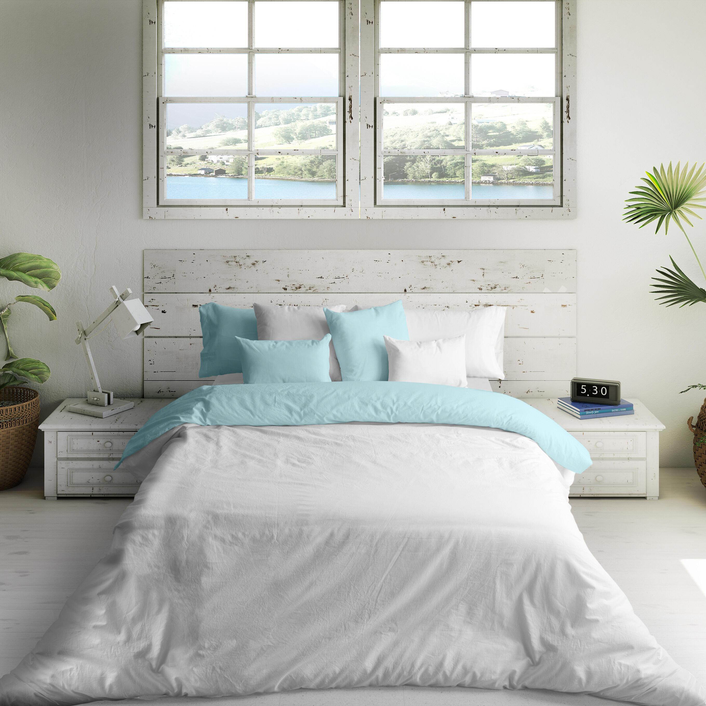 Funda nórdica naturals reversible 144 hilos azul/blanco para cama de 180 cm