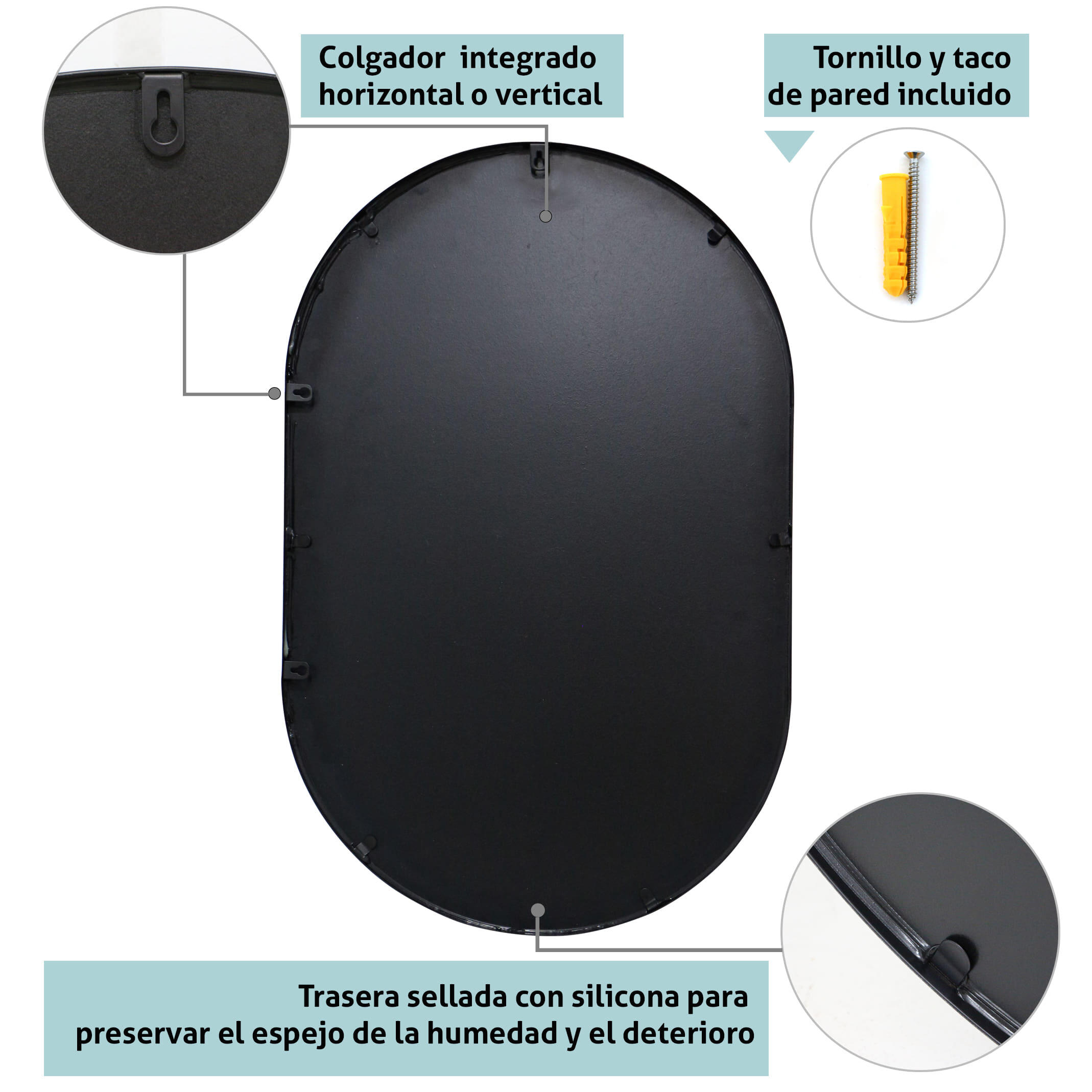 Espejo enmarcado de pared ovalado ESPEJO OVALADO metal negro satinado de 45x70 cm. Apto para baños. - 4
