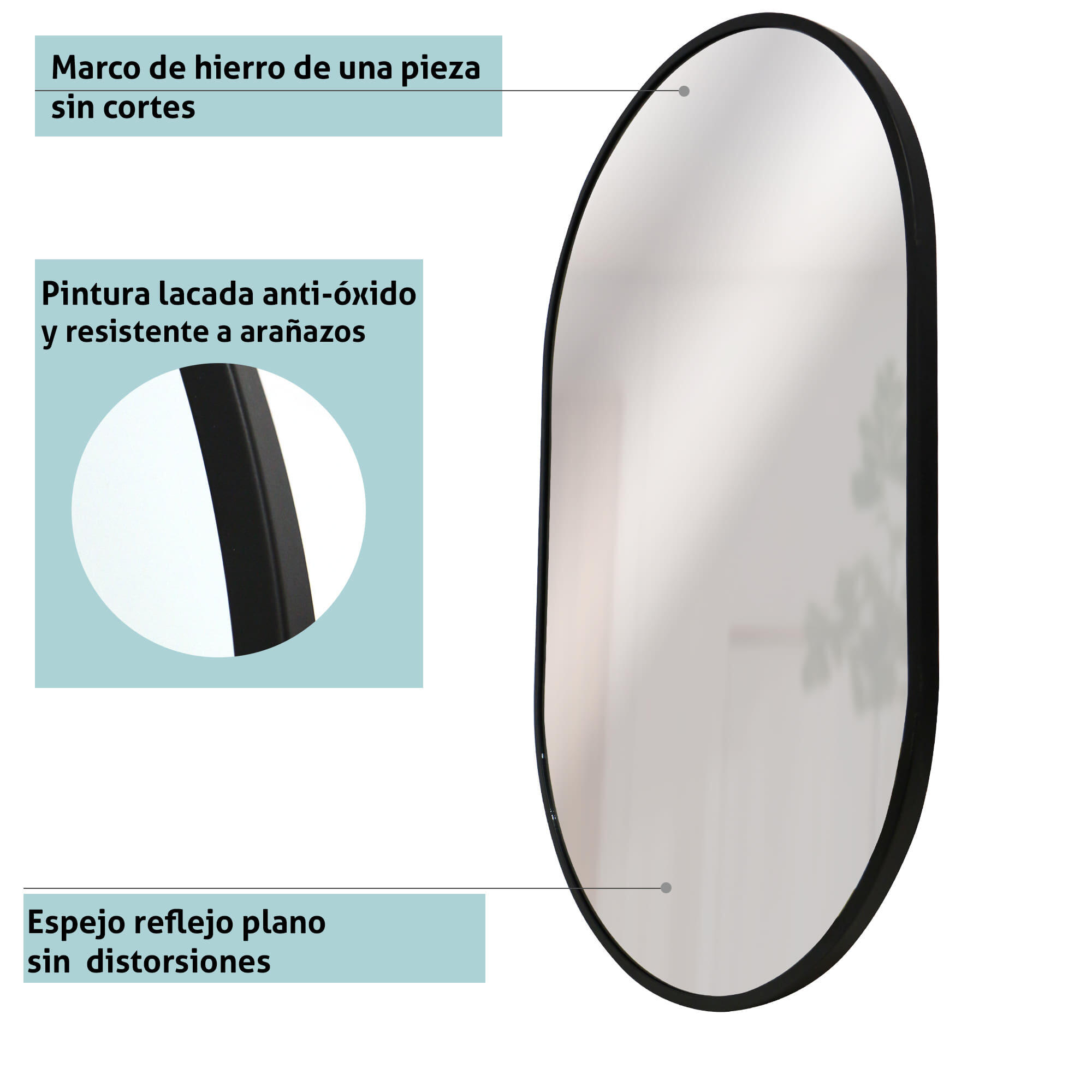 Espejo enmarcado de pared ovalado ESPEJO OVALADO metal negro satinado de 45x70 cm. Apto para baños. - 5