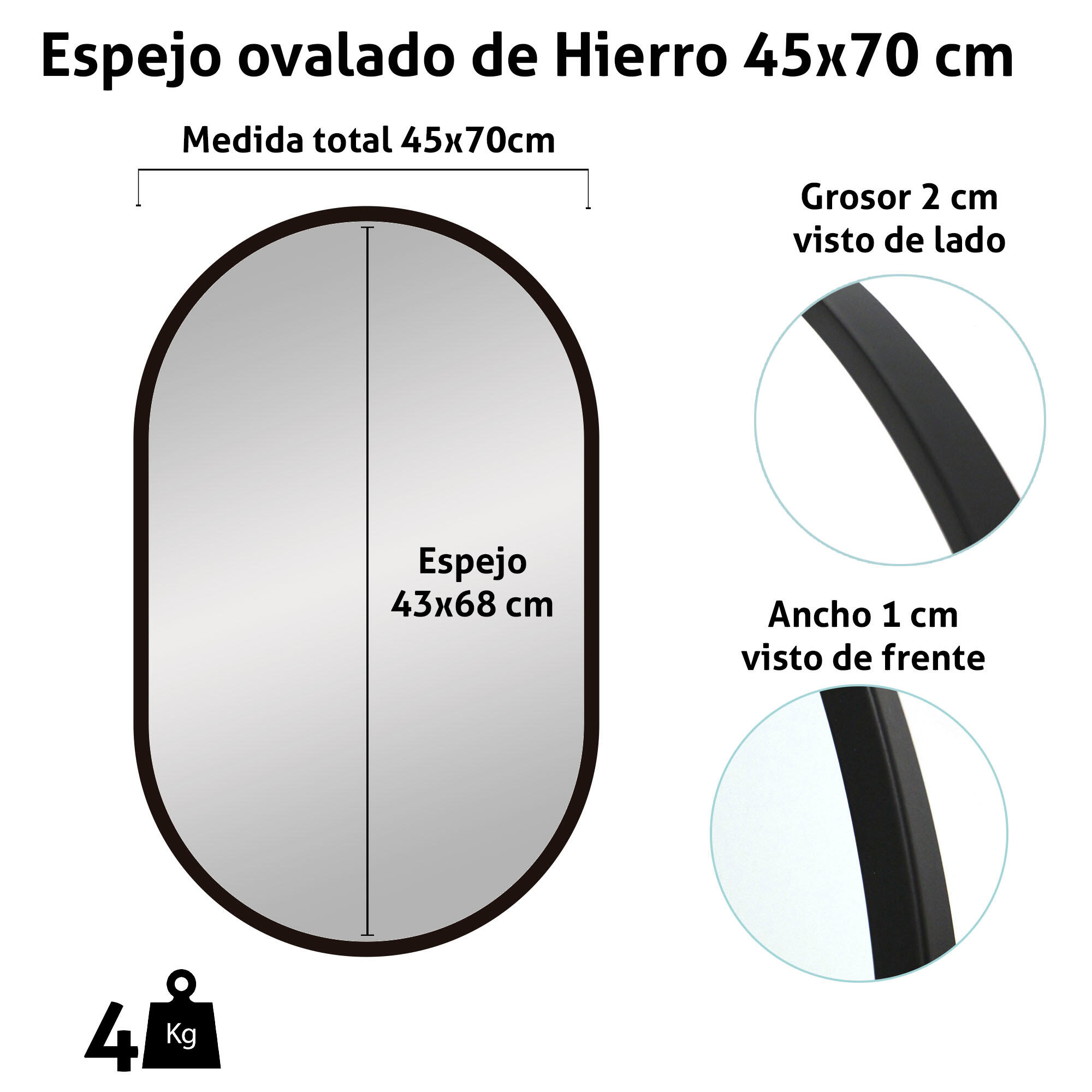 Espejo enmarcado de pared ovalado ESPEJO OVALADO metal negro satinado de 45x70 cm. Apto para baños. - 3