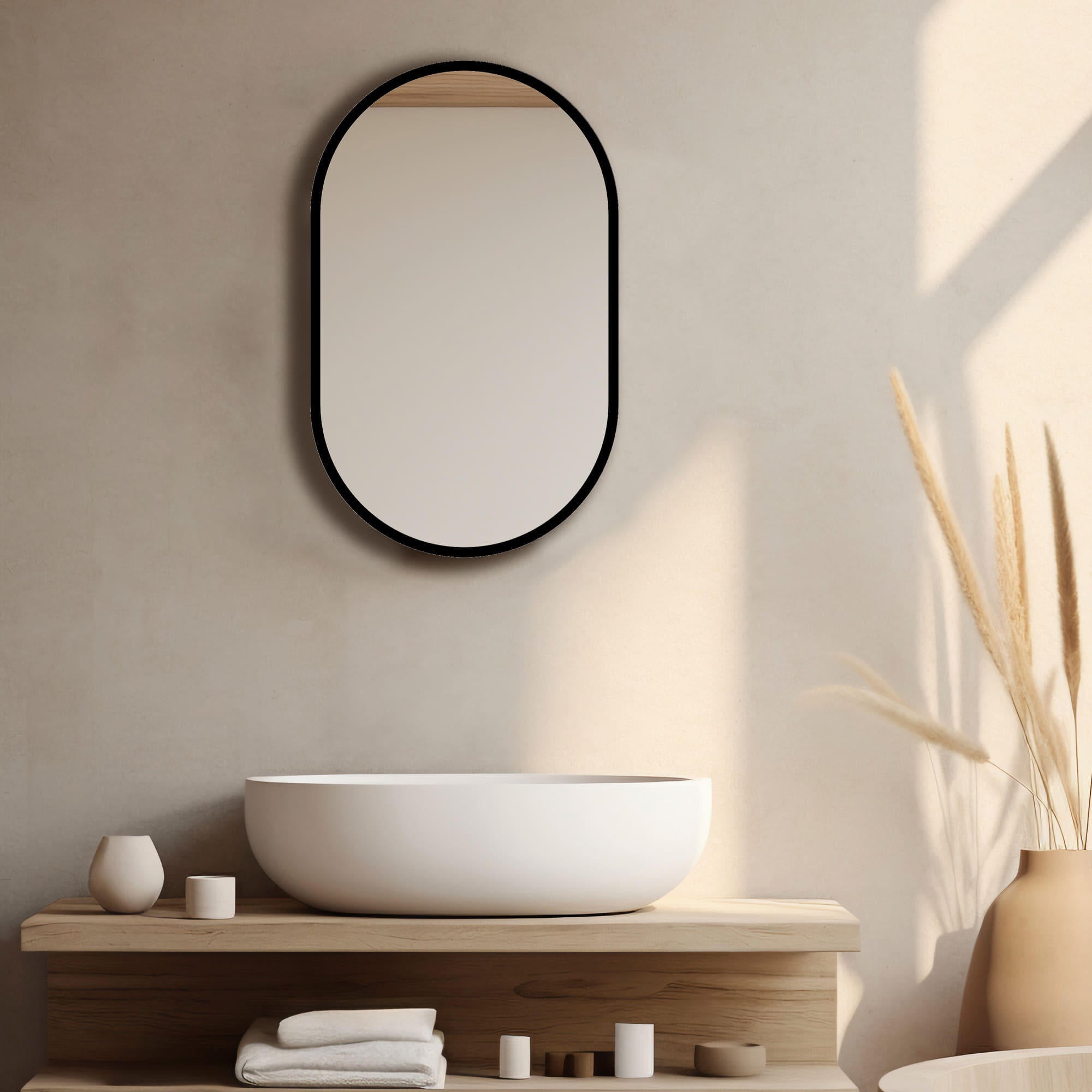 Espejo enmarcado de pared ovalado ESPEJO OVALADO metal negro satinado de 45x70 cm. Apto para baños. - 2
