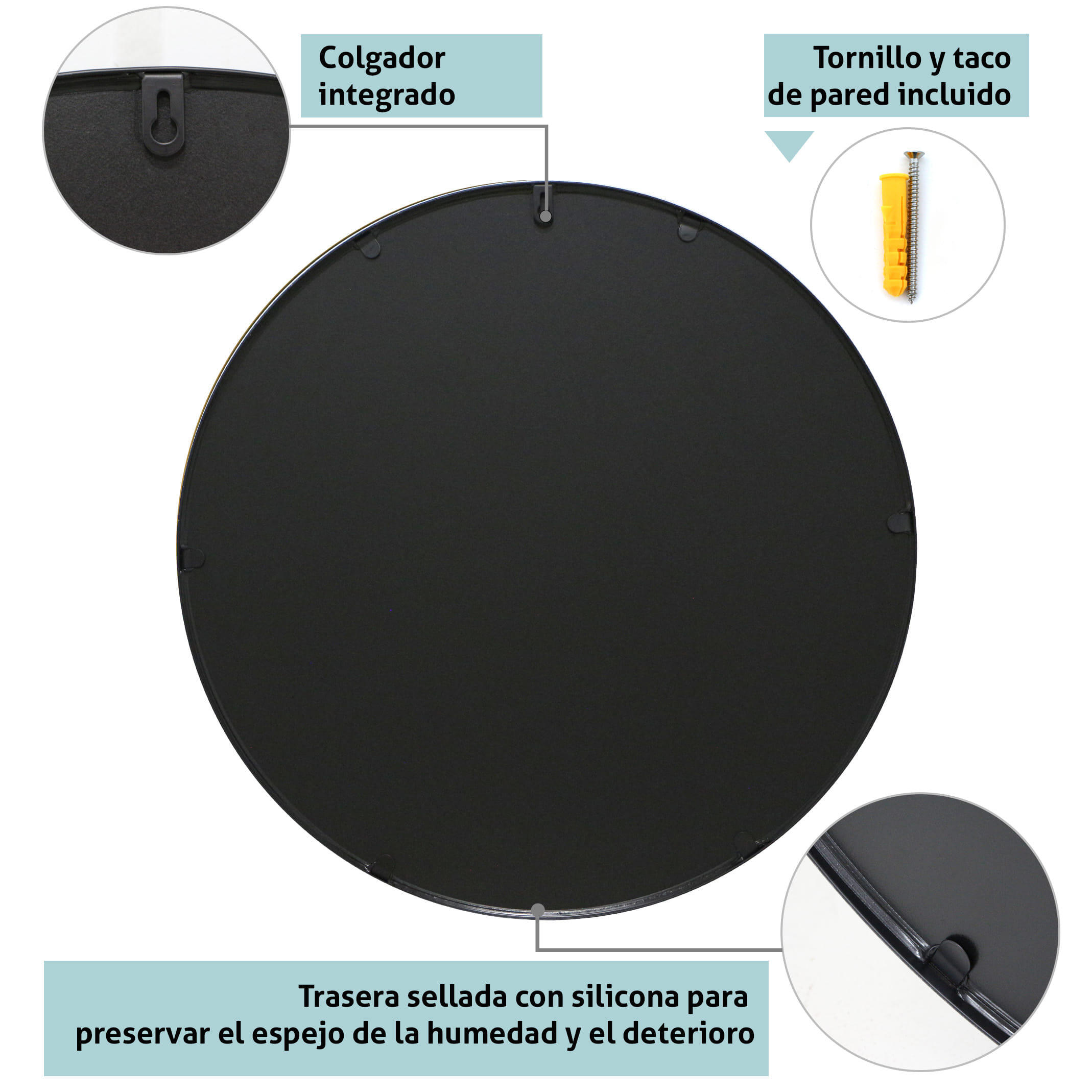 Espejo enmarcado de pared redondo ESPEJO CIRCULAR metal negro satinado de 60 cm de diámetro. Apto para baños. - 3