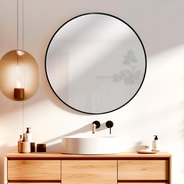 Espejo enmarcado de pared redondo ESPEJO CIRCULAR metal negro satinado de 60x70 cm. Apto para baños.