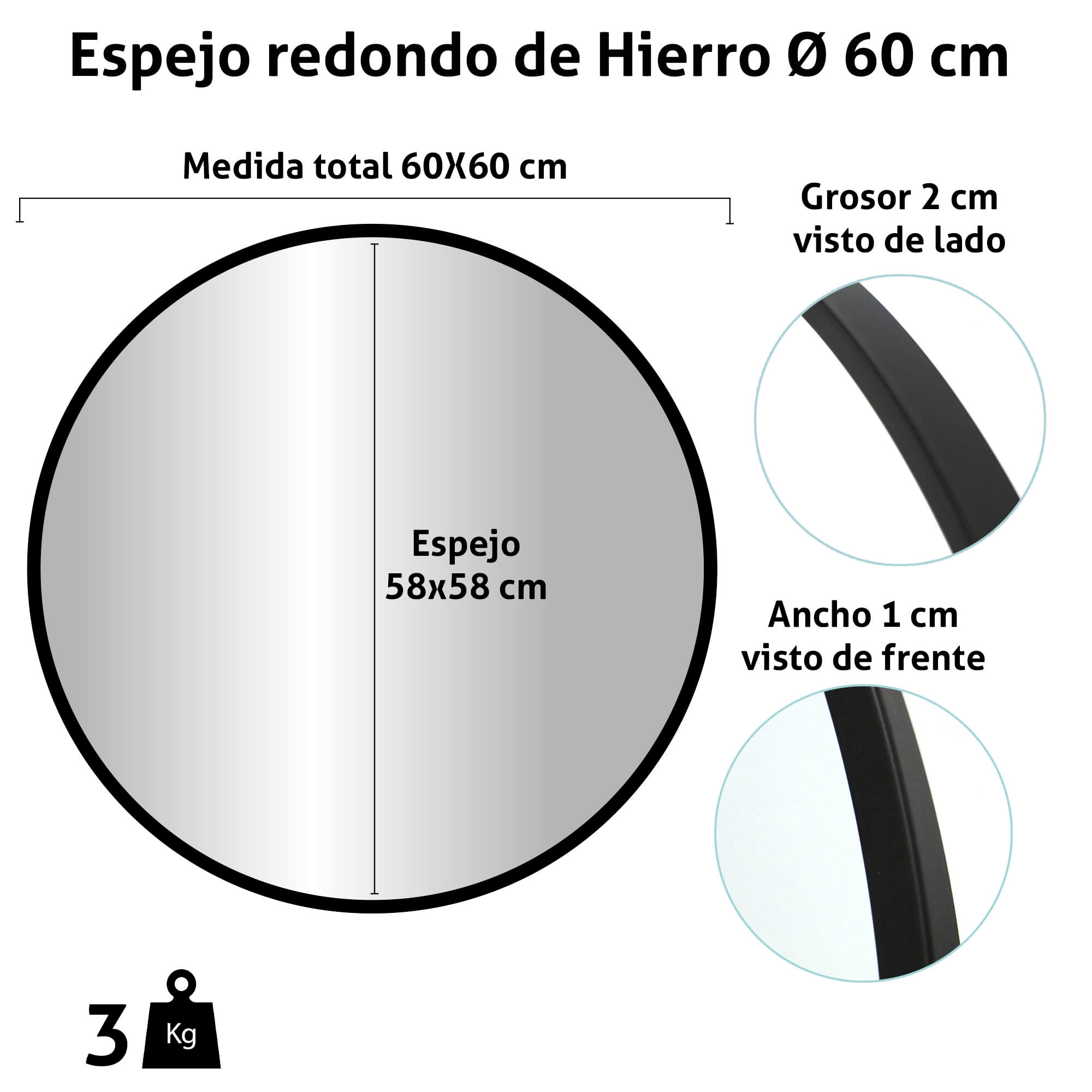 Espejo enmarcado de pared redondo ESPEJO CIRCULAR metal negro satinado de 60 cm de diámetro. Apto para baños. - 5