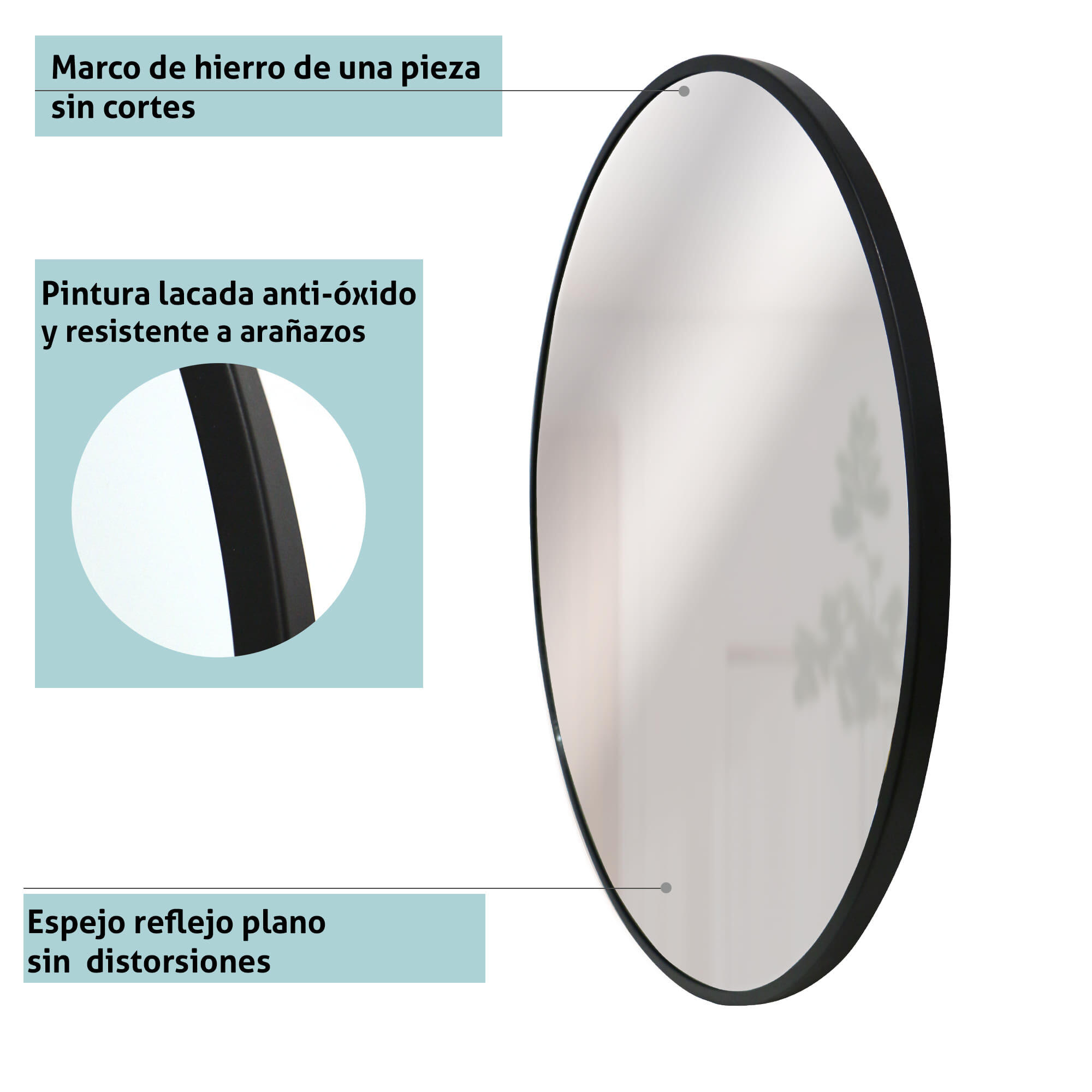 Espejo enmarcado de pared redondo ESPEJO CIRCULAR metal negro satinado de 60 cm de diámetro. Apto para baños. - 4