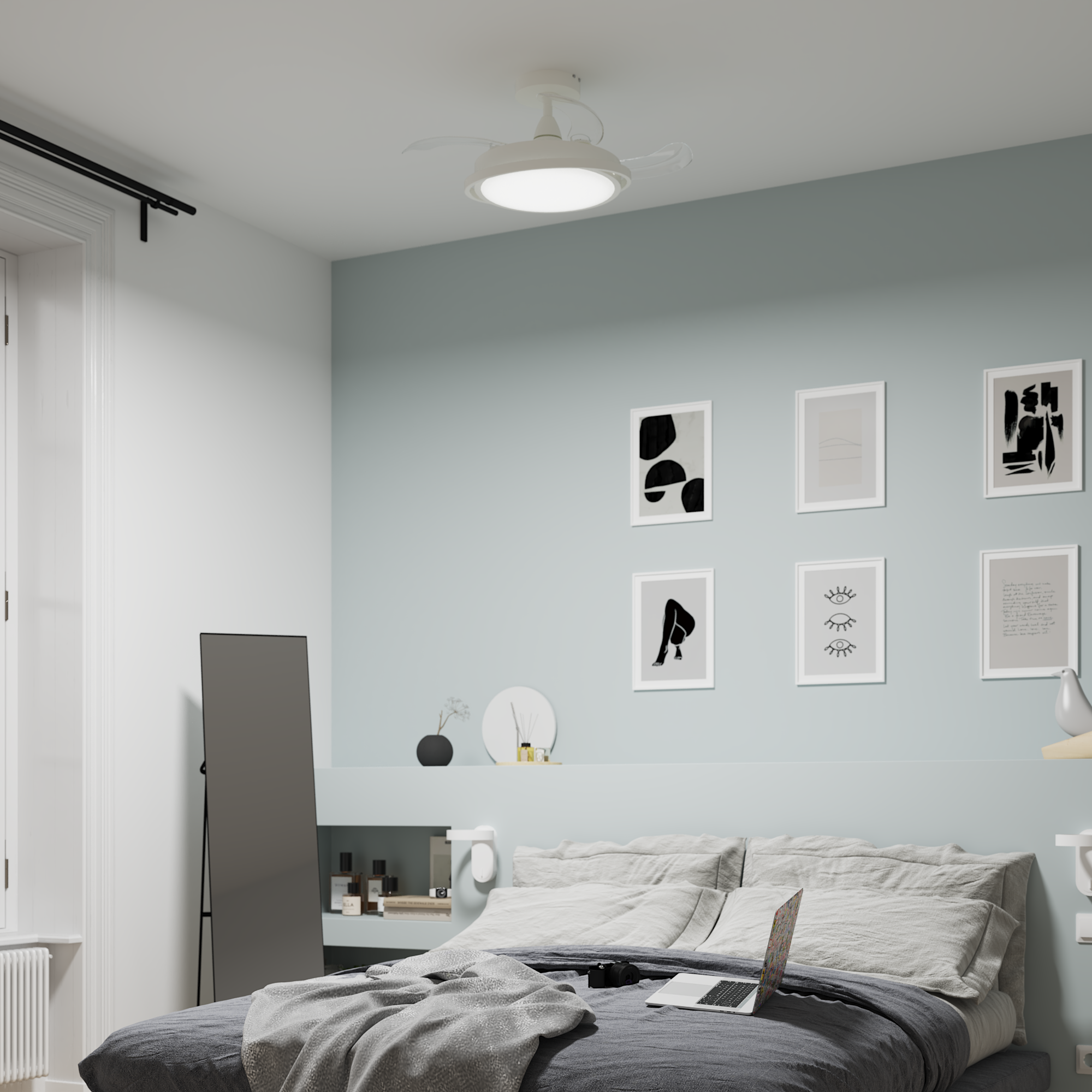 Ventilador de techo con luz silencioso DC 40W con mando ø91 cm Rosak blanco luz CCT 4 aspas retráctiles tipo lámpara| 6 velocidades| modo verano/invierno| temporizador| brisa| recomendado para <13m² - 16
